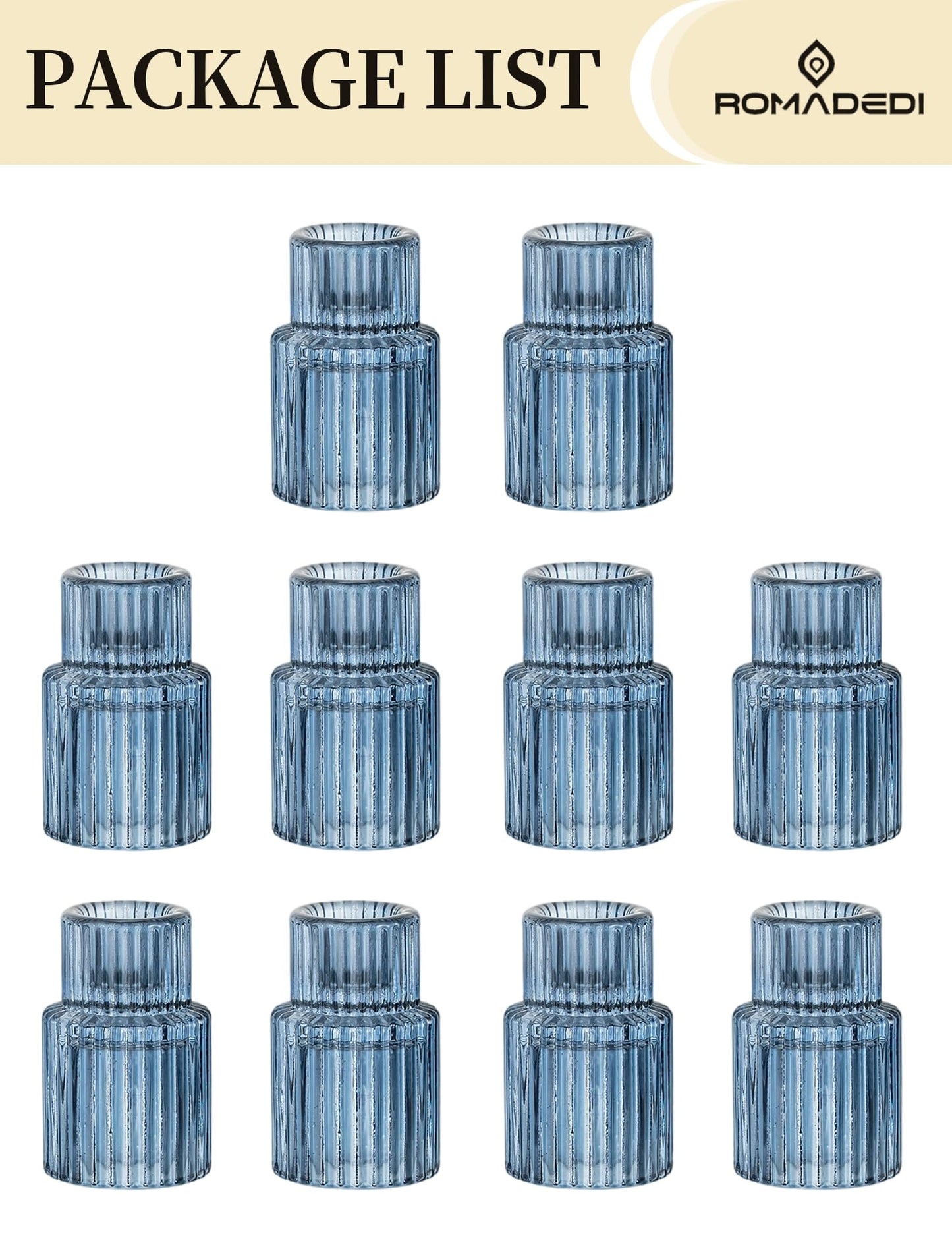 Romadedi Glass Candle Holders for Candlestick - 10 Pcs Blue Tapered Candle Sticks Holder Decor Bulk for Wedding Table Centerpiece Ribbed Taper Holder for Birthday Party Bridal Showers