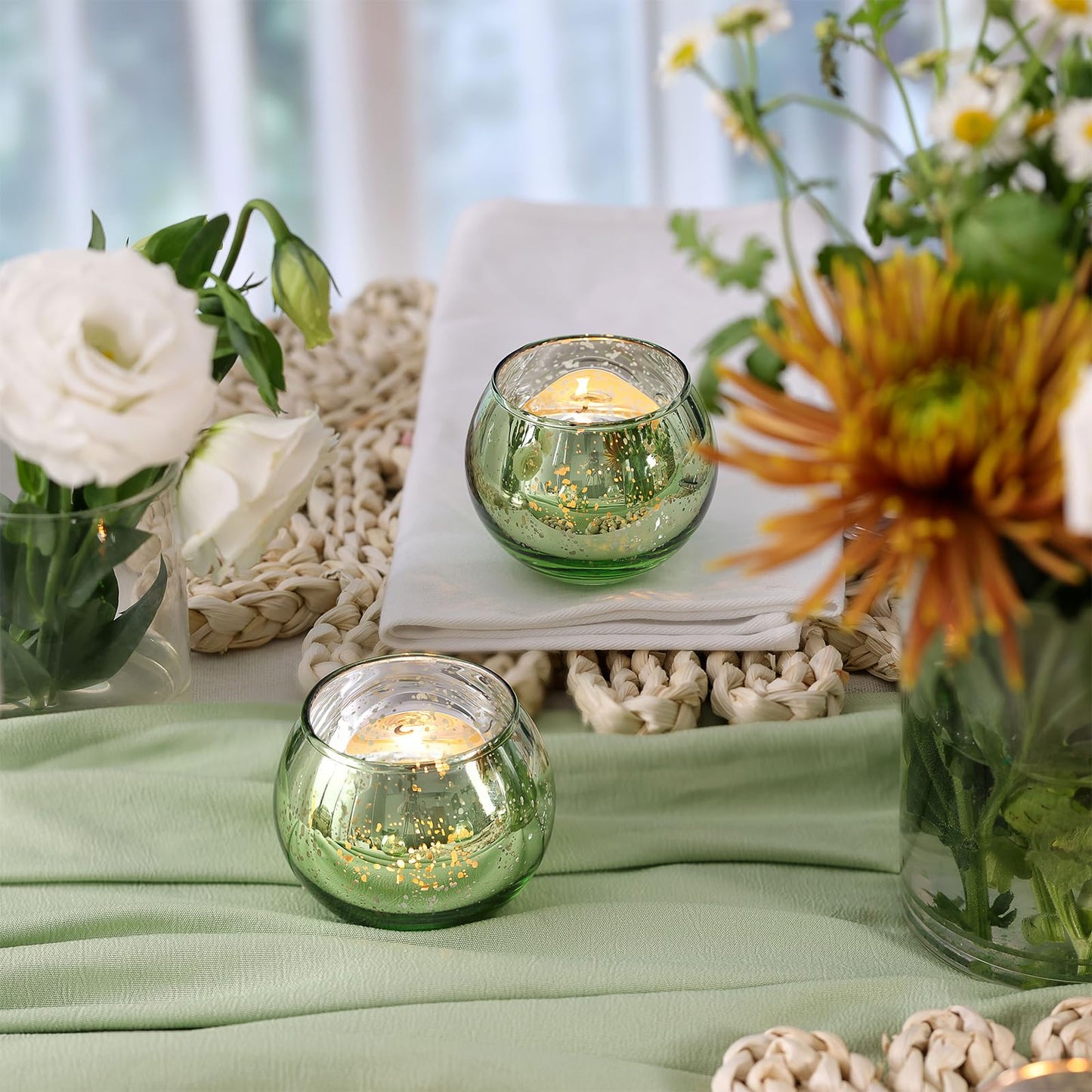 Volens Round Green Votive Candle Holders Set of 12, Green Wedding Centerpiece Table Decorations, Mercury Glass Tealight Candle Holder for Bridal Shower, Baby Shower & Home Decor