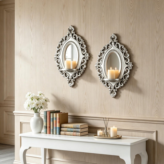 sxnzequnze 2 Set Vintage Candle Wall Sconce for Home Decor Living Room Bedroom Office Wood Antique Mirrored Victorian Mounted Candlestick Wall Holder Relief Hanging Decor -Silver 11.8in
