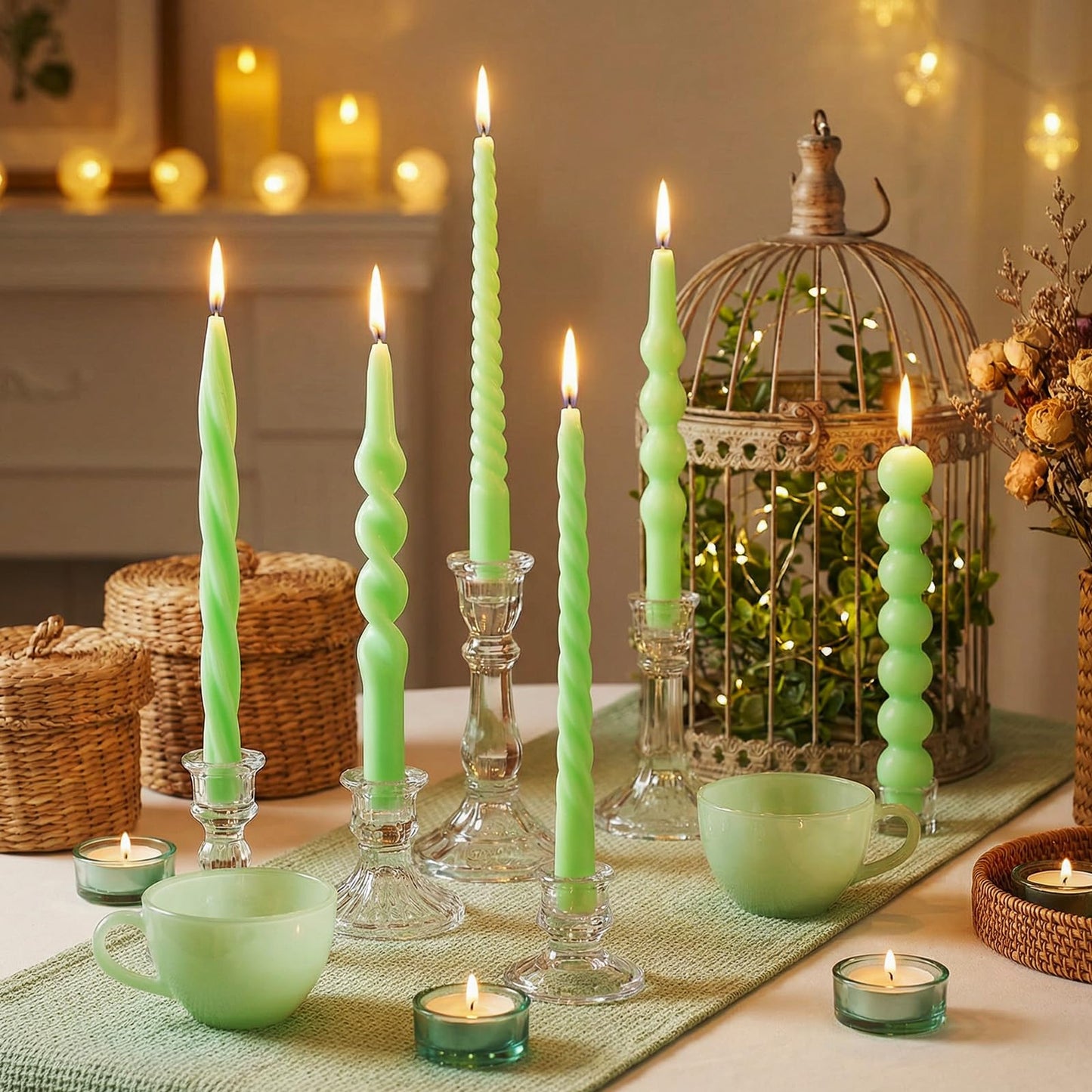 Conelist 10 Inch Green Twisted Taper Candles Set of 6, Tall Smokeless Twisted Candlesticks for Wedding Holiday Birthday Home Party Decorations