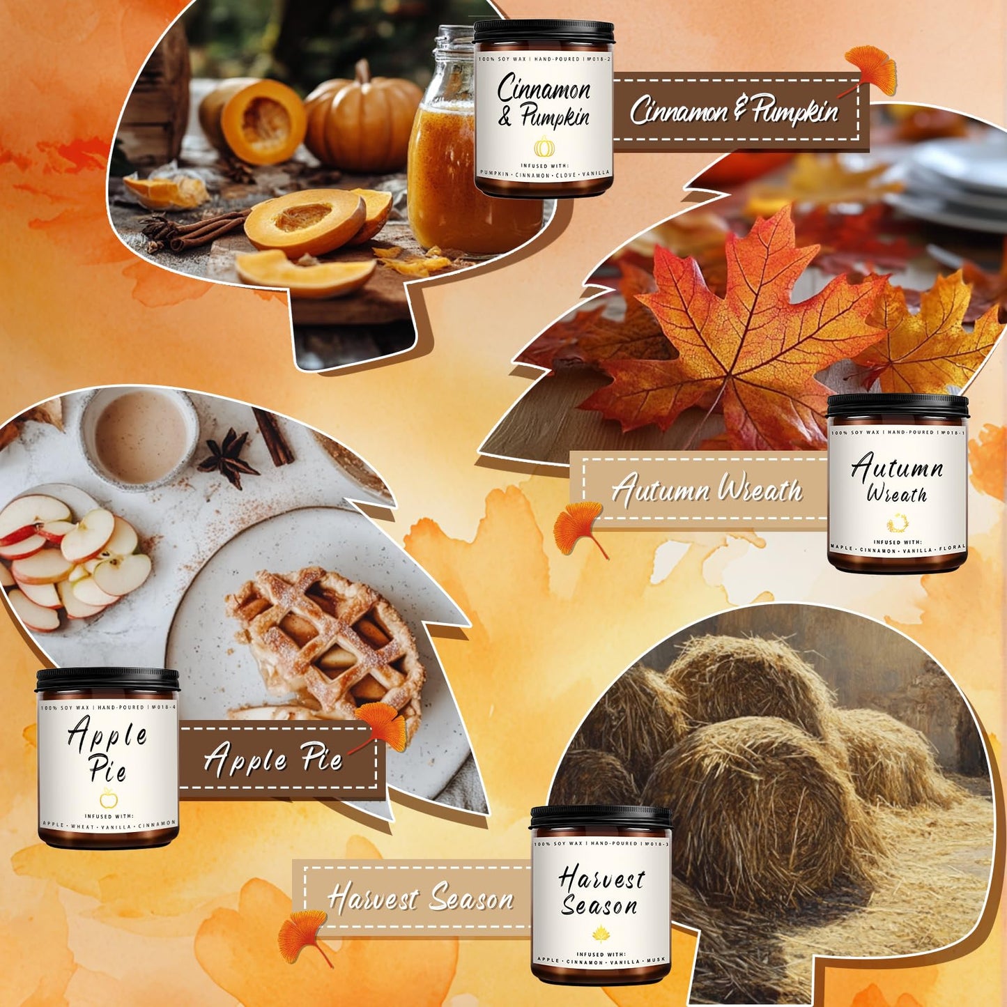 Auelife Fall Candle Set | 8 Pack Scented Candles for Home - Candle Gifts for Women Men, Soy Candles Home Scented | Autumn Fragrance of - Apple Pie/Cinnamon/Harvest/Wreath
