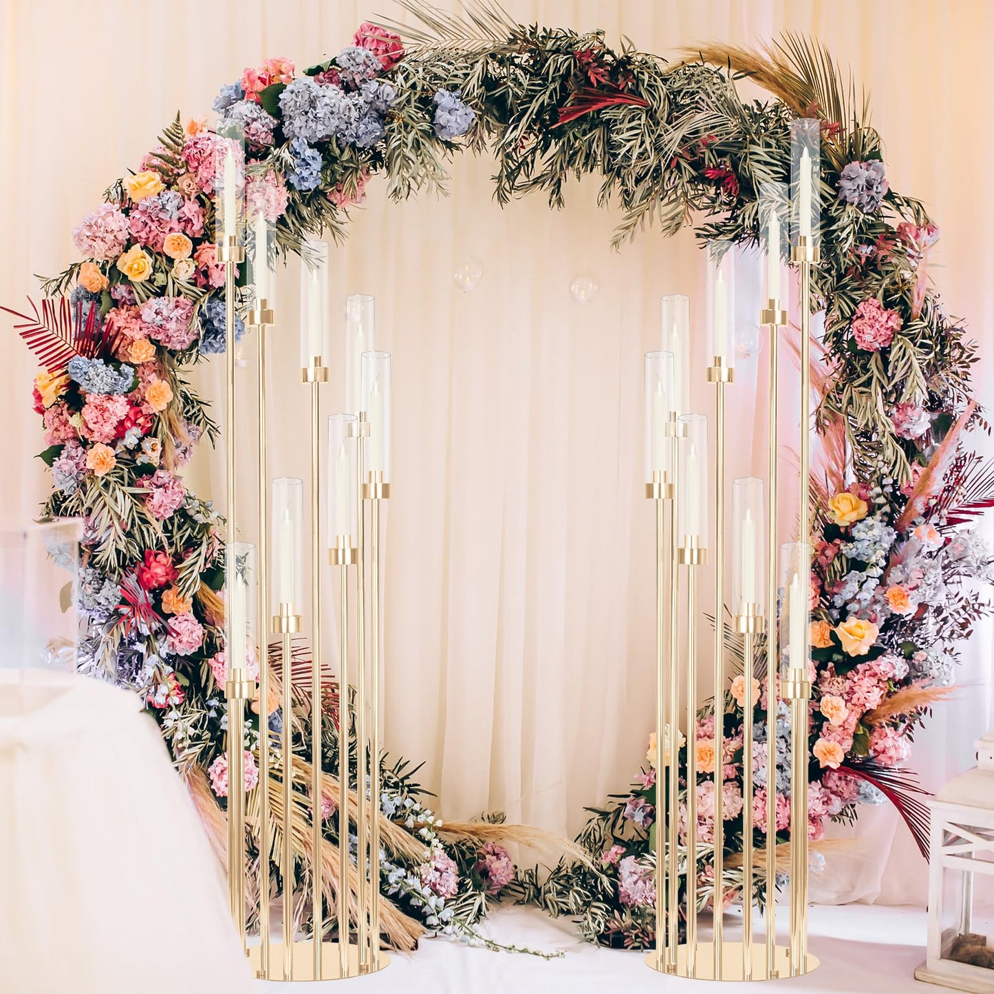 2 Sets Gold Candelabra,12 Arm Candlestick Holders with Acrylic Shades, 46'' High Large Floor Candle Holders for Wedding Centerpieces Table Decorations Fit 0.9" Candles and LED Taper Candles
