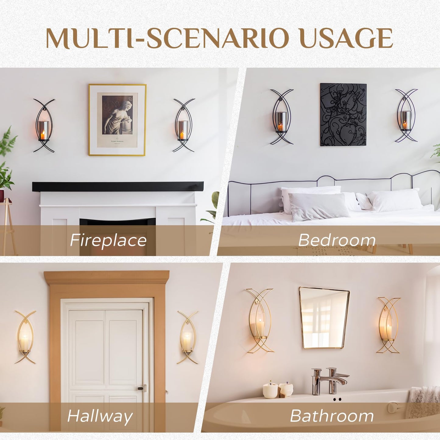 Walasis Candle Sconces Wall Decor Set of 2: Wall Hurricane Candle Holder Modern Metal Wall Mounted Gold Sconces Decorations for Living Room Bedroom Bathroom Hallway Outdoor