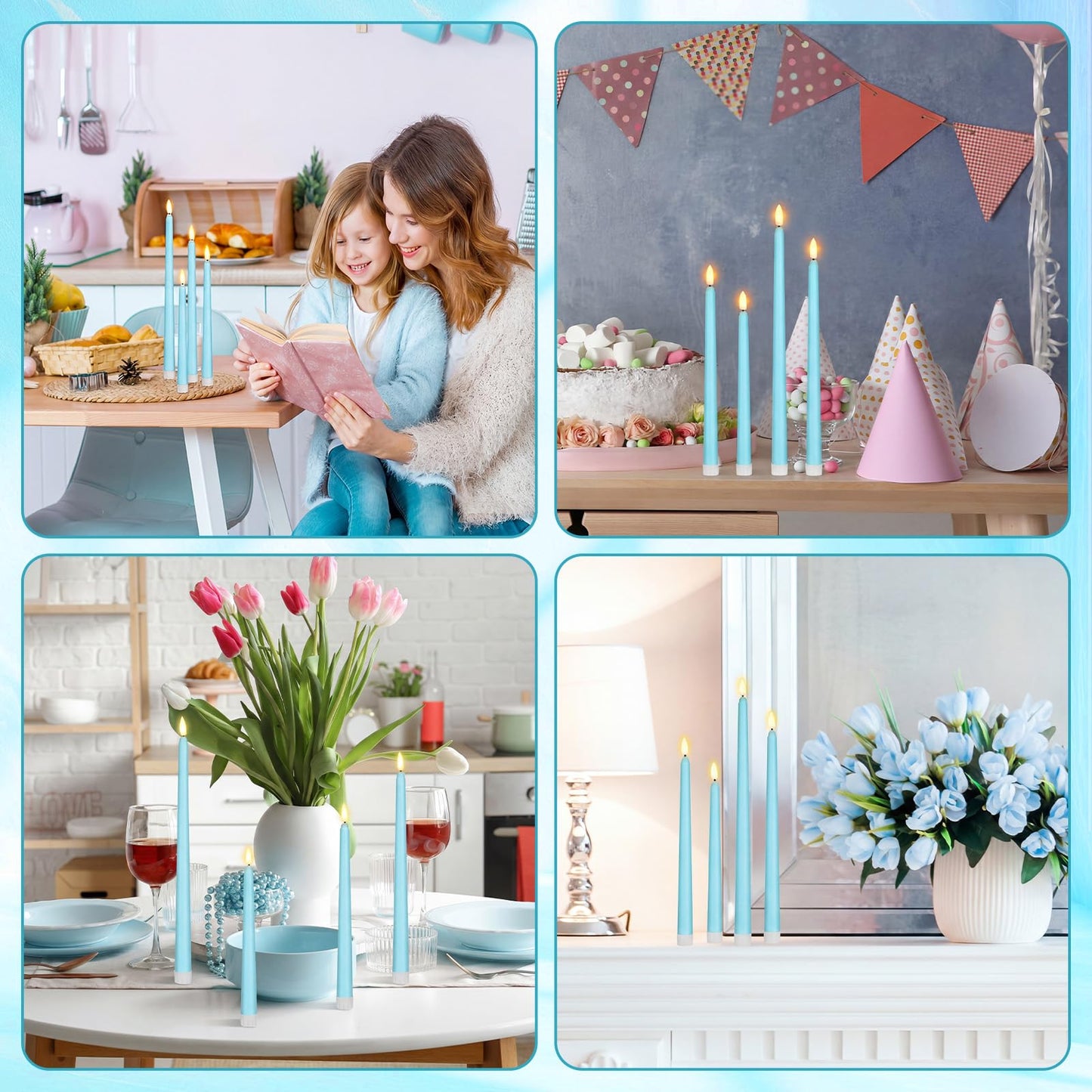 Rossesay 24 Pcs Flameless LED Taper Candles Battery Operated Candle 8.5", 9.65", 10.8", 12.8" Flameless Candlesticks Flickering for Christmas Church Wedding Indoor Decoration(Classic, Turquoise)