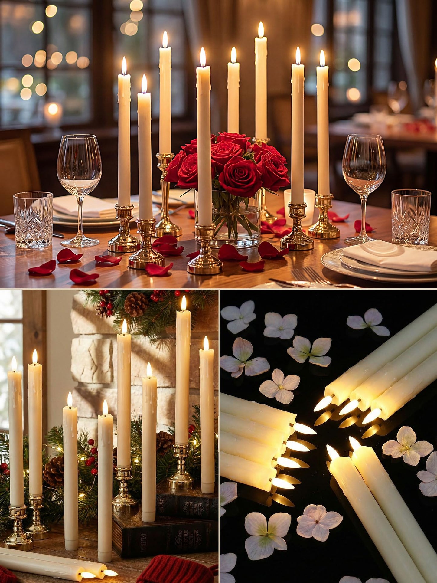 VIHOSE 24 Pcs Flameless Taper Candles with Holders Remote Timer Battery Operated Candles Bulk LED Candlesticks Flickering for Valentines Wedding Home Window Carnival Party Decor(Gold,Dripping Style)