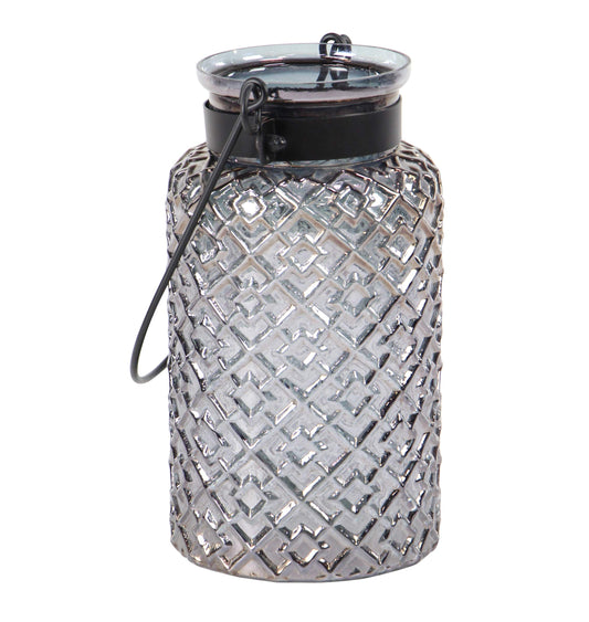 Deco 79 Glass Textured Candle Lantern, 7" x 7" x 12", Black