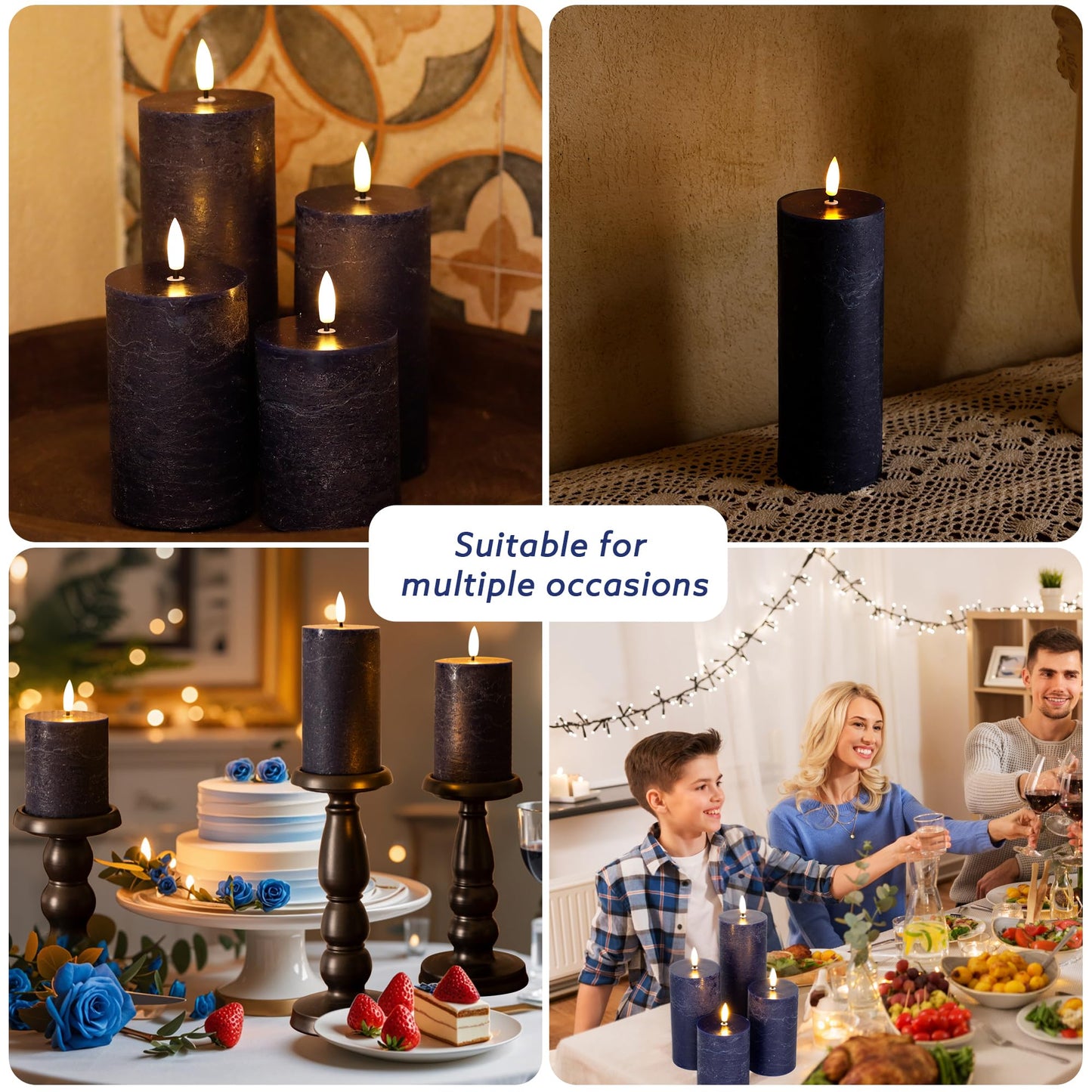 AFINETH Blue Flameless Pillar Candles, Battery Operated Candles with Remote, Real Wax Flickering LED Candles for Home Party Wedding Holiday Decor, Set of 4, Φ 3" H 4" 5" 6" 8"