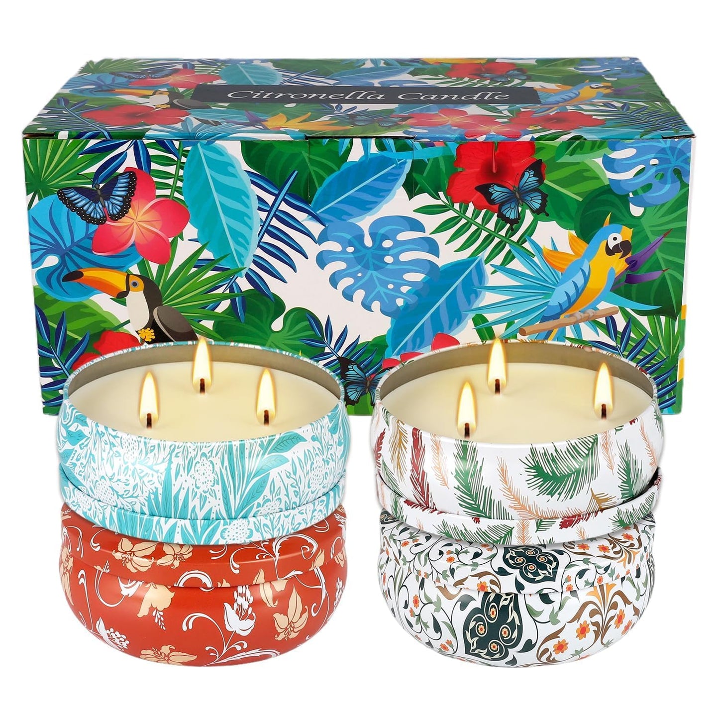 4-Pack Citronella Candle Set in Decorative Tropical Flower Tin Boxes - 3-Wick Functional Decorative Candles for Indoor & Outdoor Use - Perfect for Camping, Travel, BBQ, Picnics, and Mother's Day Gift