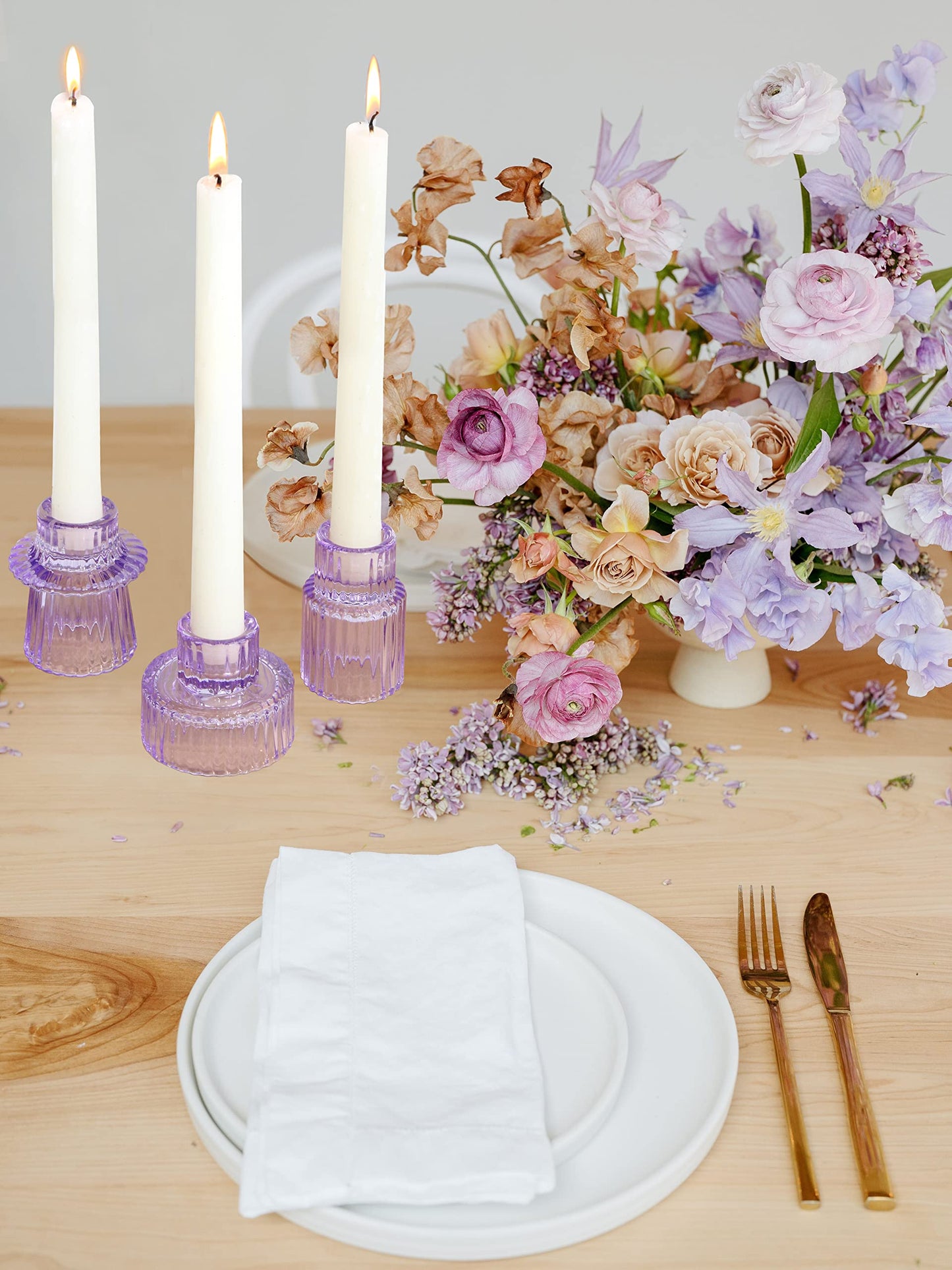Vixdonos Glass Candlestick Holders Tealight Candle Holders for Table Centerpieces, Wedding Decor and Dinner Party (3 Pcs, Purple)