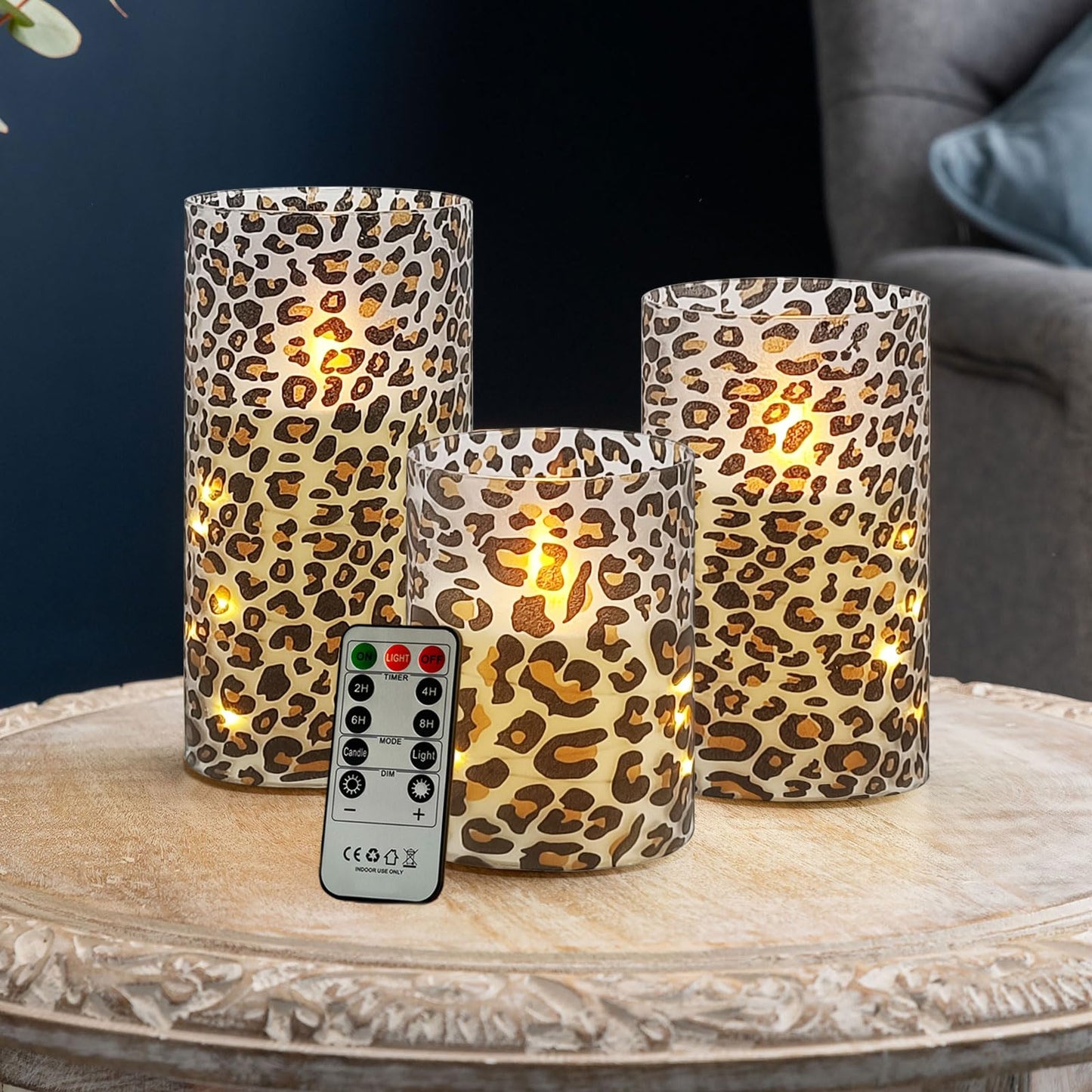 NjaoHoo Flickering Flameless Candles, Recessed String Light LED Candles 3D Wick Acrylic Battery Operated LED Pillar Candles with Remote and Timer for Modern Simple Home Decor Set of 3(Leopard)