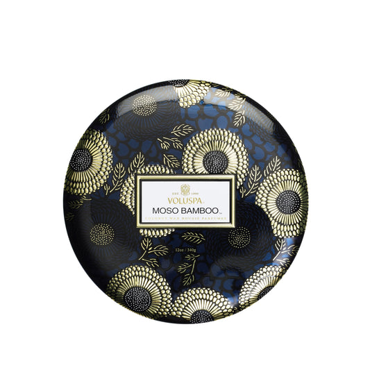 Voluspa Moso Bamboo, 3 Wick Tin Candle, 12 oz, 40 Hour Burn Time, Coconut Wax for Clean Burning, Handcrafted in the USA