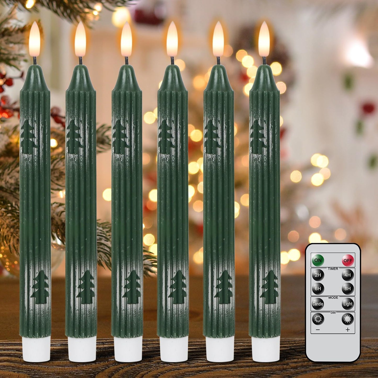 Wondise Christmas Flameless Taper Candles with Remote and Timer, Battery Operated 3D Wick Real Wax LED Candles with Painted Christmas Tree 6 Packs for Christmas Holiday Decor(0.78 x 9.45 Inch)