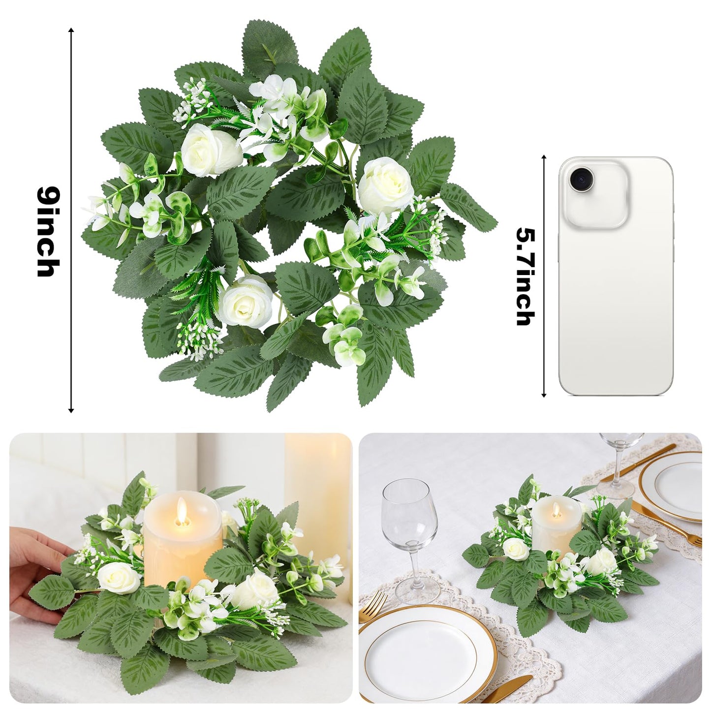10PCS Wedding Rose Candle Rings Artificial Floral Eucalyptus Leaves Wreaths Faux Candle Rings Summer Greenery Candleholders Garland Pillar Holder for Bridal Shower Bachelorette Party Table Decor