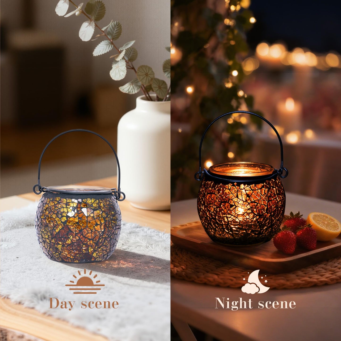 Rancco Candle Holder Mosaic Glass Tea Light Holder, Votive Candle Holders with Handle for Thanksgiving Table Centerpiece Christmas Party Decor,Also Used as Vase,Pen Holder,Potted Plants Bowl (Amber)