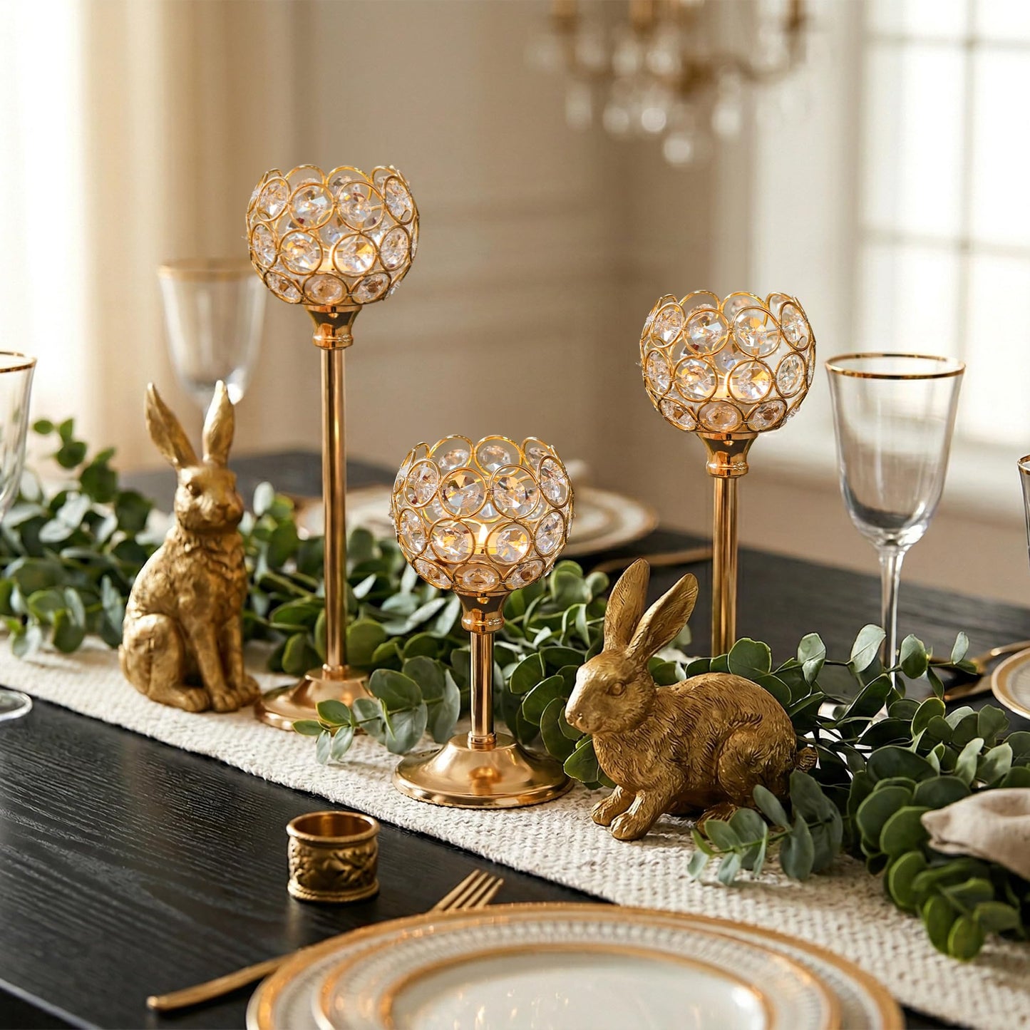 Kehail Crystal Metal Tealight Candlestick, Bling Bowl Candelabras, Tall Crystal Votive Candle Holders Elegant Crystal Candle Centerpiece for Dining Table Wedding Decor (Set of 3, Gold)