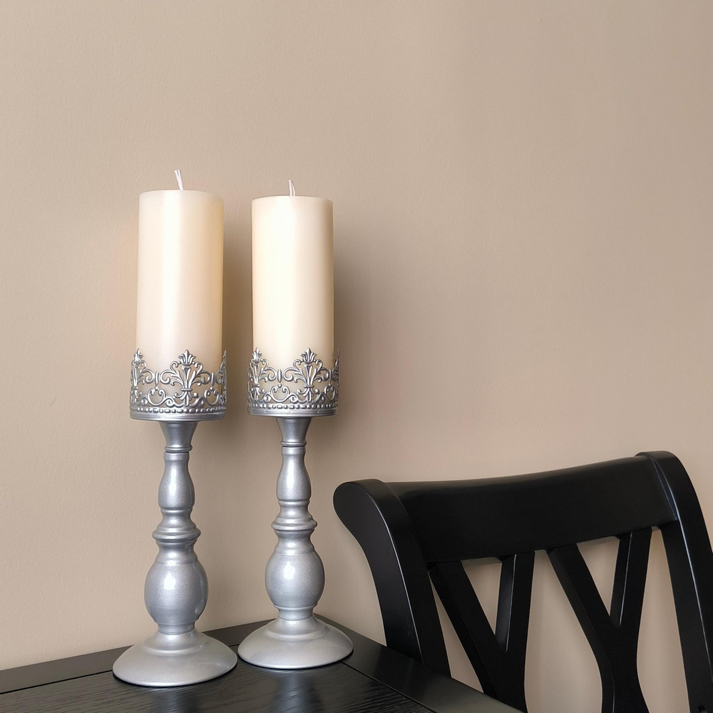 Candle Holders for Pillar Candles Gothic Matte Pearl Silver Tall Candle Holders Set of 2 Decorative Large Table Centerpieces Candle Stand Decor (Pearl Silver 2PCS A)