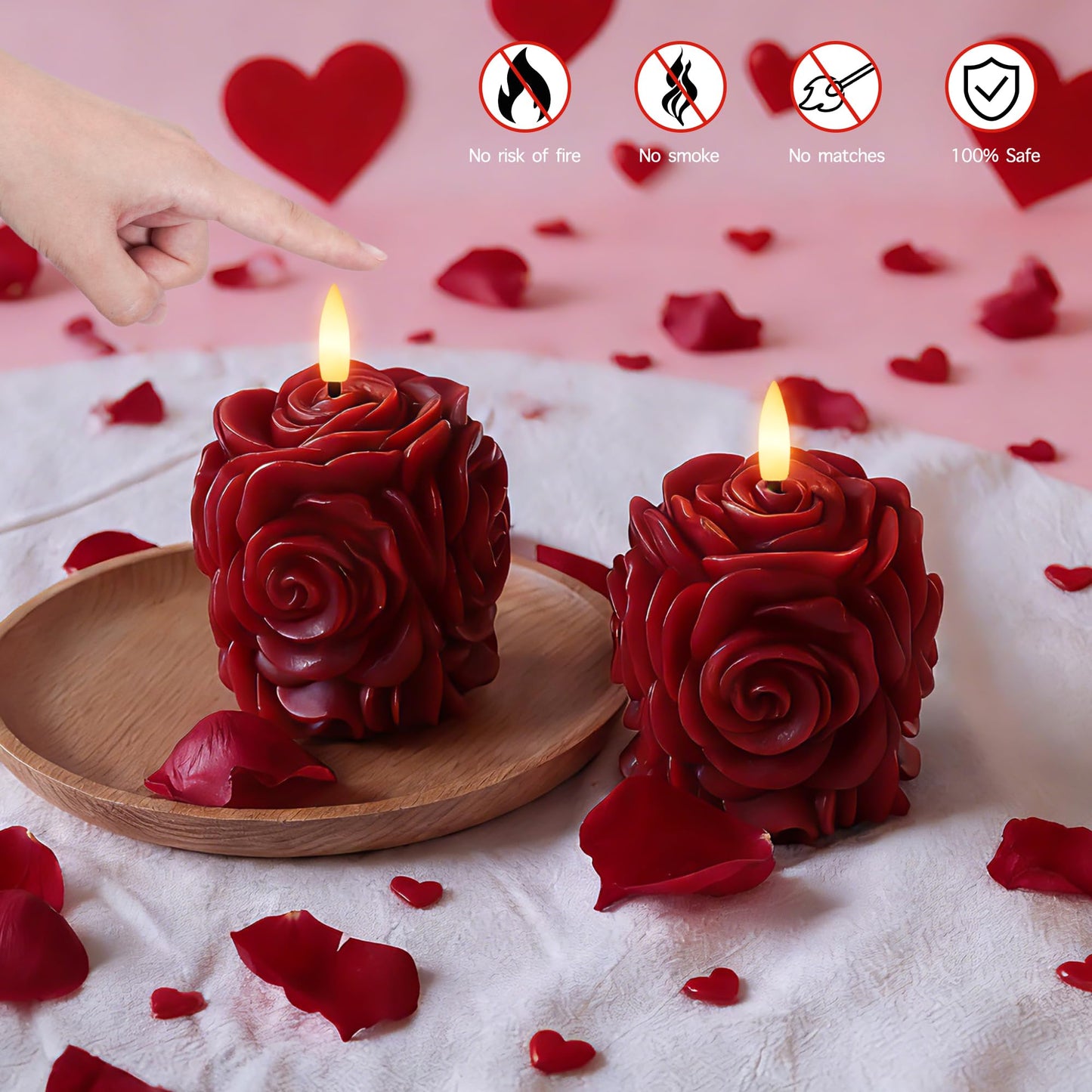 AFINETH Rose Flameless Candles with Remote, Valentines Battery Operated Candles, Real Wax Red LED Flower Candles Valentine's Day Mothers Day Gifts for Her Wife Mom Home Party Decor, 2 Pack