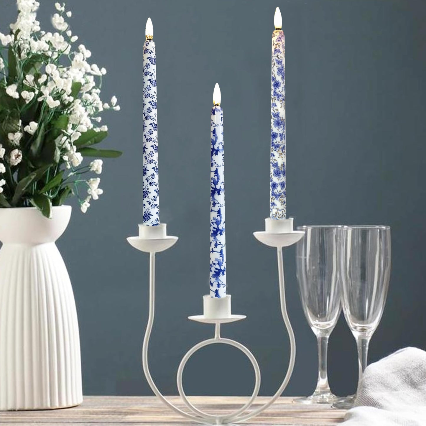 FCMSHAMD 6PCS Blue and White Porcelain Flameless Taper Candles, 11 Inch LED Candlesticks Battery Operated with 11-Key Remote and Timer, 3D Flickering Flame Lights for Wedding Party Home Decor Gifts