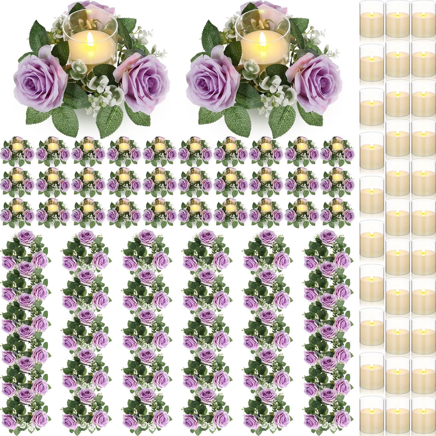 Yunlly 32 Pcs Rose Candle Rings with Flameless Candles Sets, Artificial Flower Eucalyptus Wedding Centerpiece 3 Inch Pillar Candleholders Wreaths for Wedding Party Mother's Day (Purple)