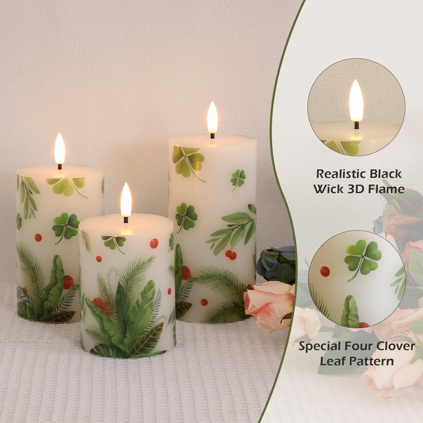 JOIONE Flameless Pillar Candles with Remote, 3 Pack Battery Operated Real Wax Green LED Candles, Perfect for Spring Summer Home Decorations Fireplace Table, Shamrock