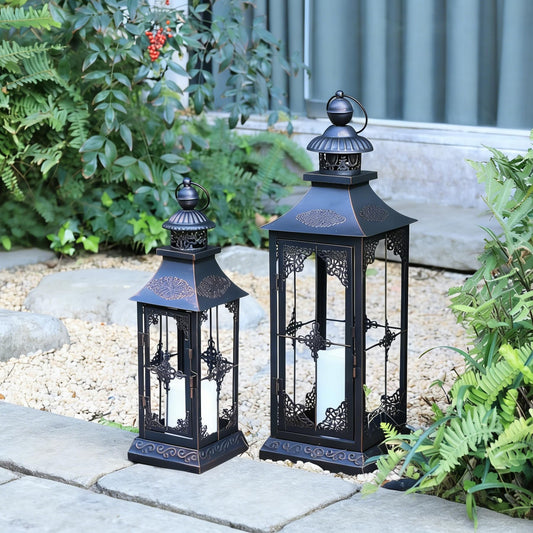 DECORKEY LED Lanterns Decorative Outdoor&Indoor, 23'' 16‘’ Large Black Lanterns Set with 2 Flameless Candles, Metal Holders for Porch, Patio, Garden, Home, Fireplace, Christmas Decorations Decor