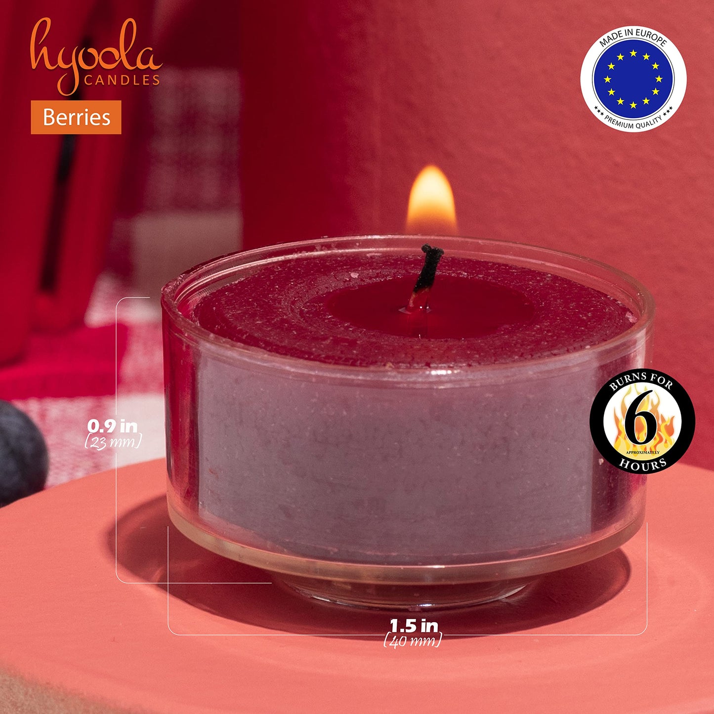 HYOOLA Scented Tealight Candles - Clear Cup - Berries Tealight Candles Scented - 6 Hour Burn Time - 15 Pack - European Made