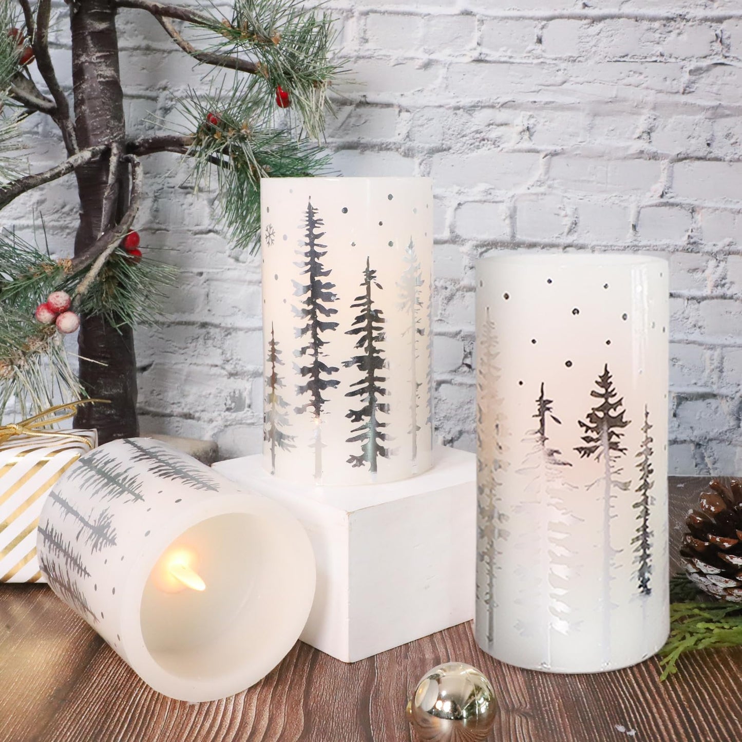 Crystal Club Christmas Flameless Candles, Holiday LED Candles Battery Operated with Remote and Timer, Realistic Flickering Candles with Silver Xmas Tree Decal for Festival & Home Party Decor