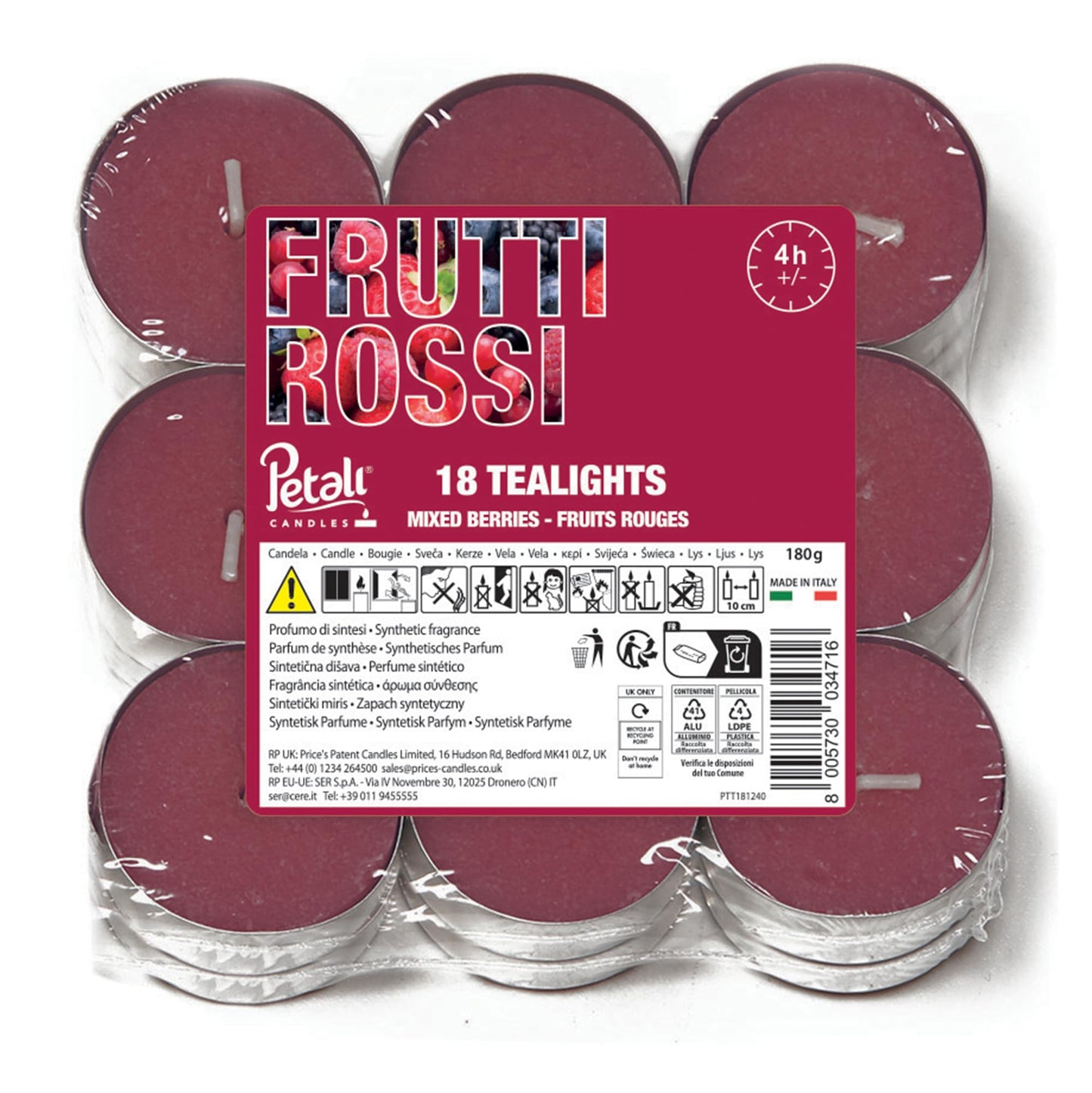Price's Petali Range Mixed Berries Pack of 18 Scented Tea Lights Candle for Home & Events | 4 Hour Burn Time Scented Candles for All Occasions | Long Burning Tealights Gifts for Women & Men