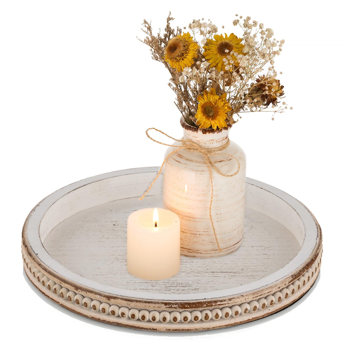 Farmhouse Wood Tray Candle Holder - Romadedi Bead Round Wooden Decorative Tray for Coffee Table Decor Serving Trays Kitchen Counter Rustic Centerpiece for Living Room Home Organizer, White Washed
