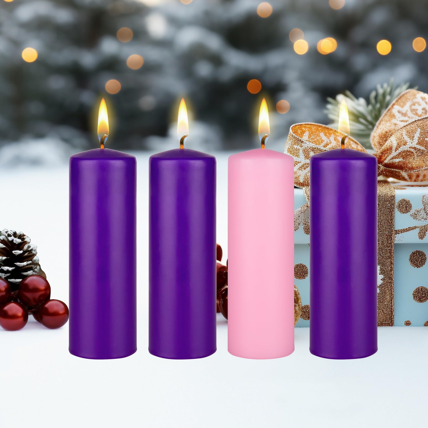 Mega Candles 4 pcs Unscented Christmas Advent Candles Set, Hand Poured Premium Wax Dome Top Round Pillar Candle 2 Inch x 6 Inch, Holidays, Festivities, Devotional, Church, Wreath, Party, Gifts