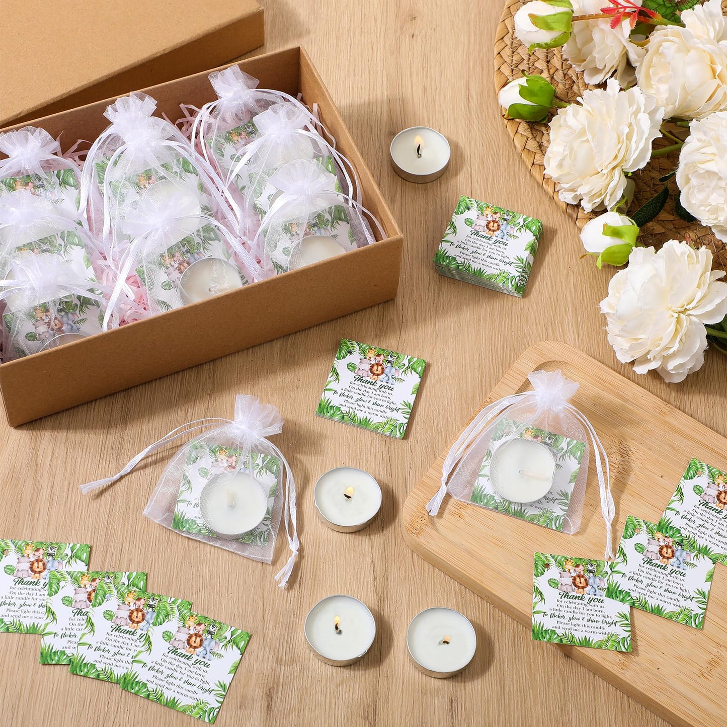 MTLEE 50 Sets Baby Shower Party Favors Candles Including 50 Pcs Tealight Candles Thank You Cards Baby Shower Bags for Guests Prizes Gender Reveal Party Decorations(White,Animals)