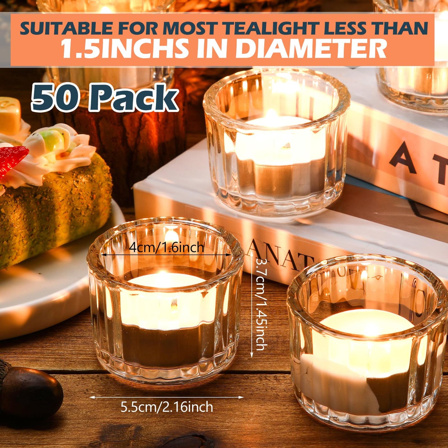 Mumufy 50 Pcs Glass Tealight Candle Holder Ribbed Votive Candle Holder for Centerpiece Wedding Proposal Spa Aromatherapy Meditation Home Decor (Clear)
