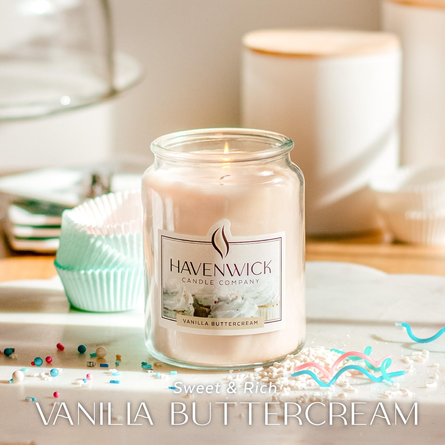 Havenwick Vanilla Buttercream Soy Blend 22-oz Large Jar Candle, Long Lasting 110-130 Hour Burn Time with Single Cotton Wick, Relaxing Scented Candles for New Home Gift & Housewarming Parties