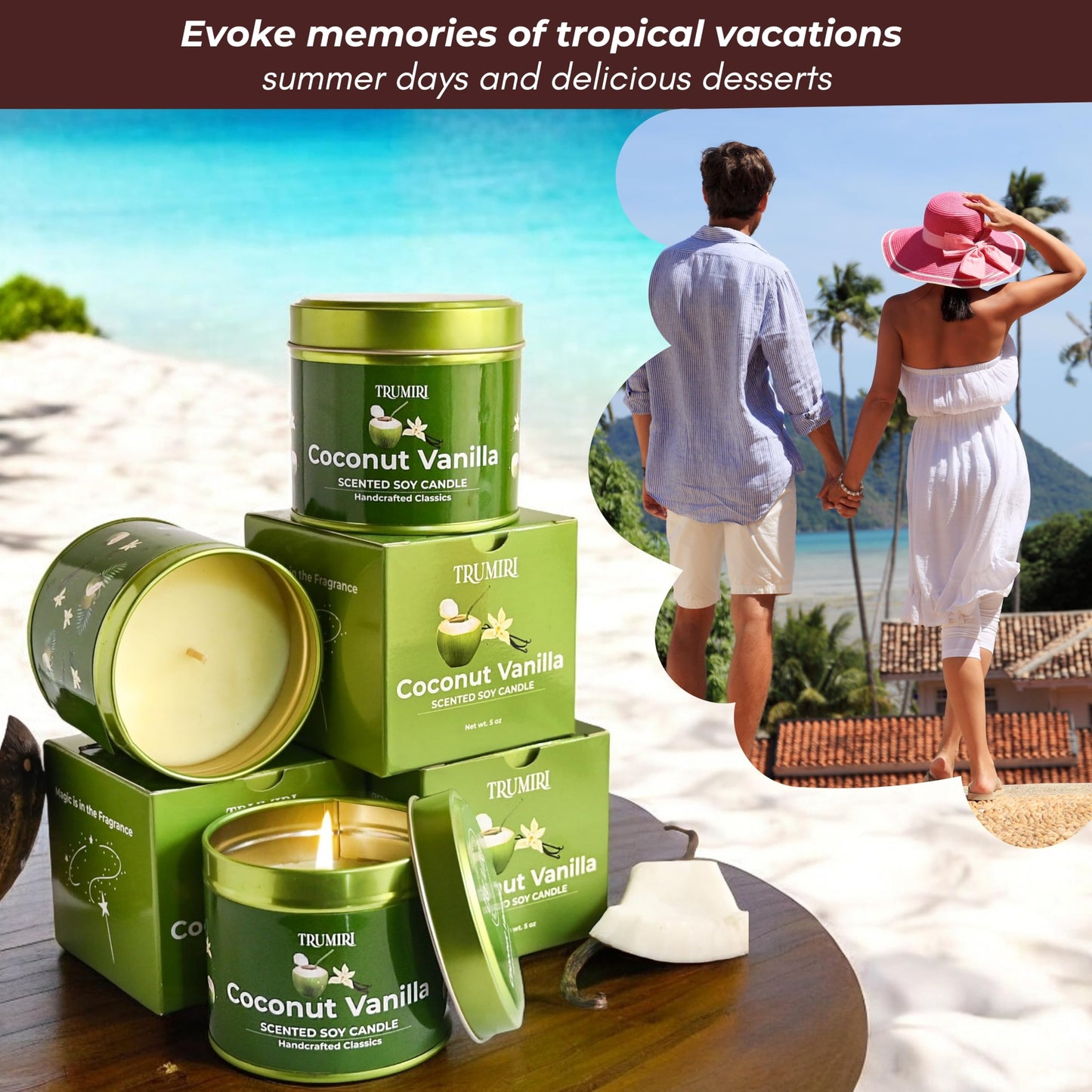 Coconut Vanilla - Aromatherapy Candles for Home Scented - Pack of 3-5oz Natural Soy Wax Clean Organic Non Toxic - Long Lasting Highly Scented with Essential Oils - Gifts for Women Relaxing Spa