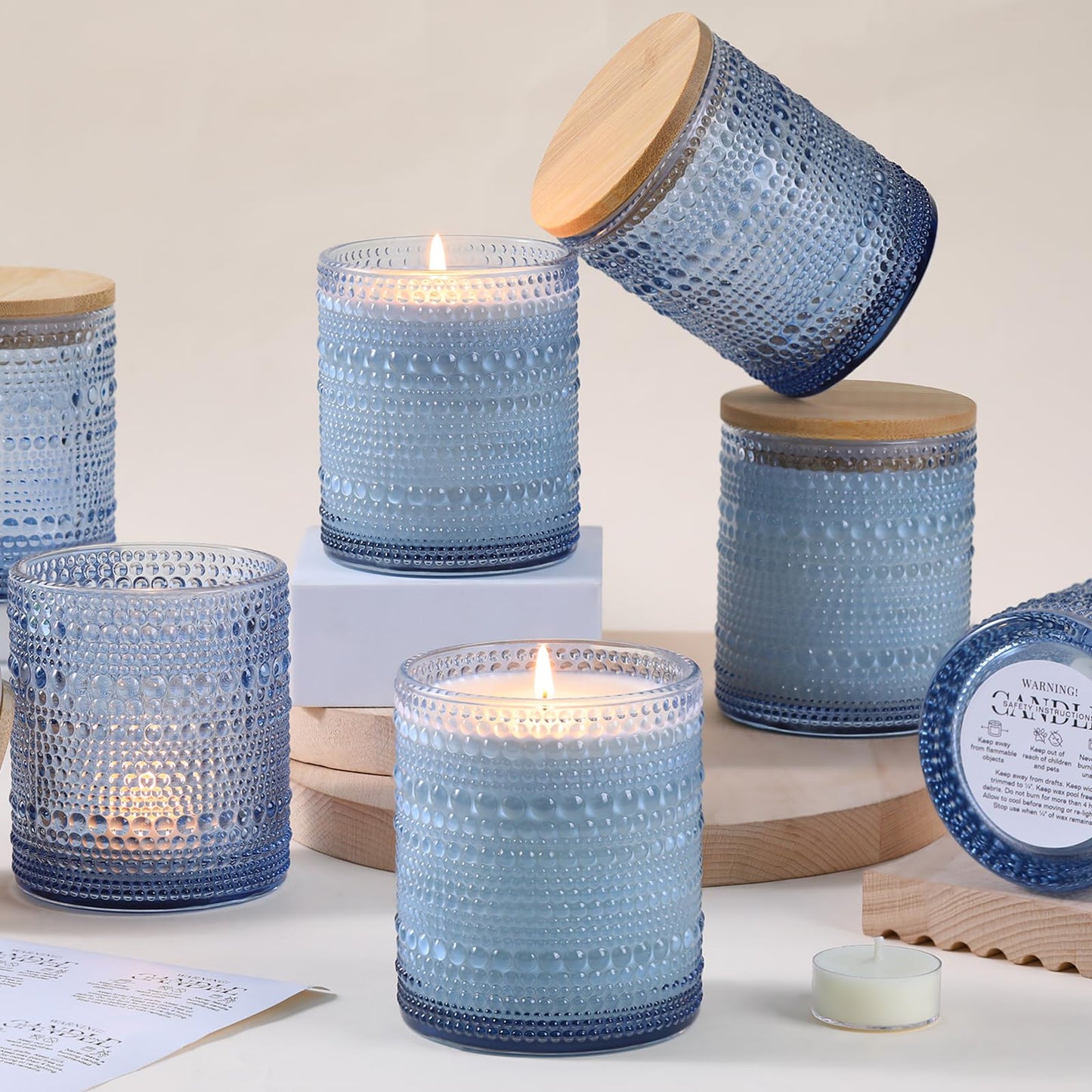 DARJEN 8 Pack Blue Candle Jars for Making Candles- 14 OZ Empty Glass Candle Making Jars with Bamboo Lids and Labels, Candle Making Supplies Candle Containers for DIY Gifts