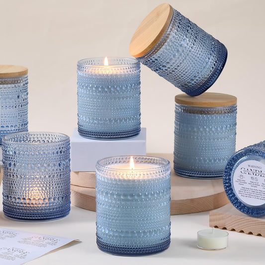 DARJEN 8 Pack Blue Candle Jars for Making Candles- 14 OZ Empty Glass Candle Making Jars with Bamboo Lids and Labels, Candle Making Supplies Candle Containers for DIY Gifts