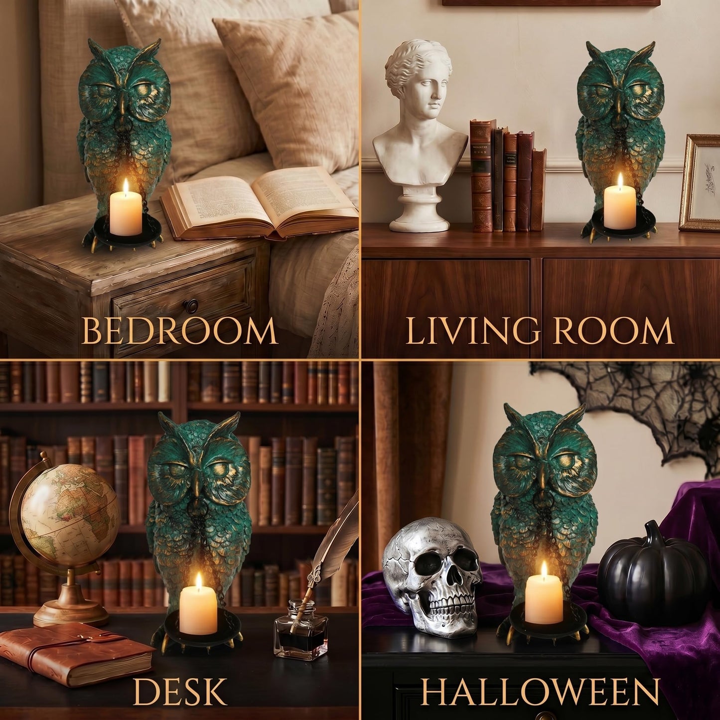Gothic Home Decor Owl Candle Holder Tealight Stand Resin Statue for Living Room Bedroom Halloween Spooky Ornaments Unique Bird Decor Bronze