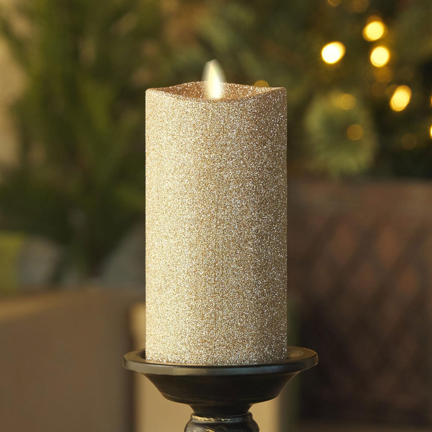 Luminara Realistic Artificial Flame Gold Glitter Pillar Candle - Moving Flame LED Battery Operated Lights - Unscented - Remote Ready - Remote Sold Separately - 3" x 6.5"