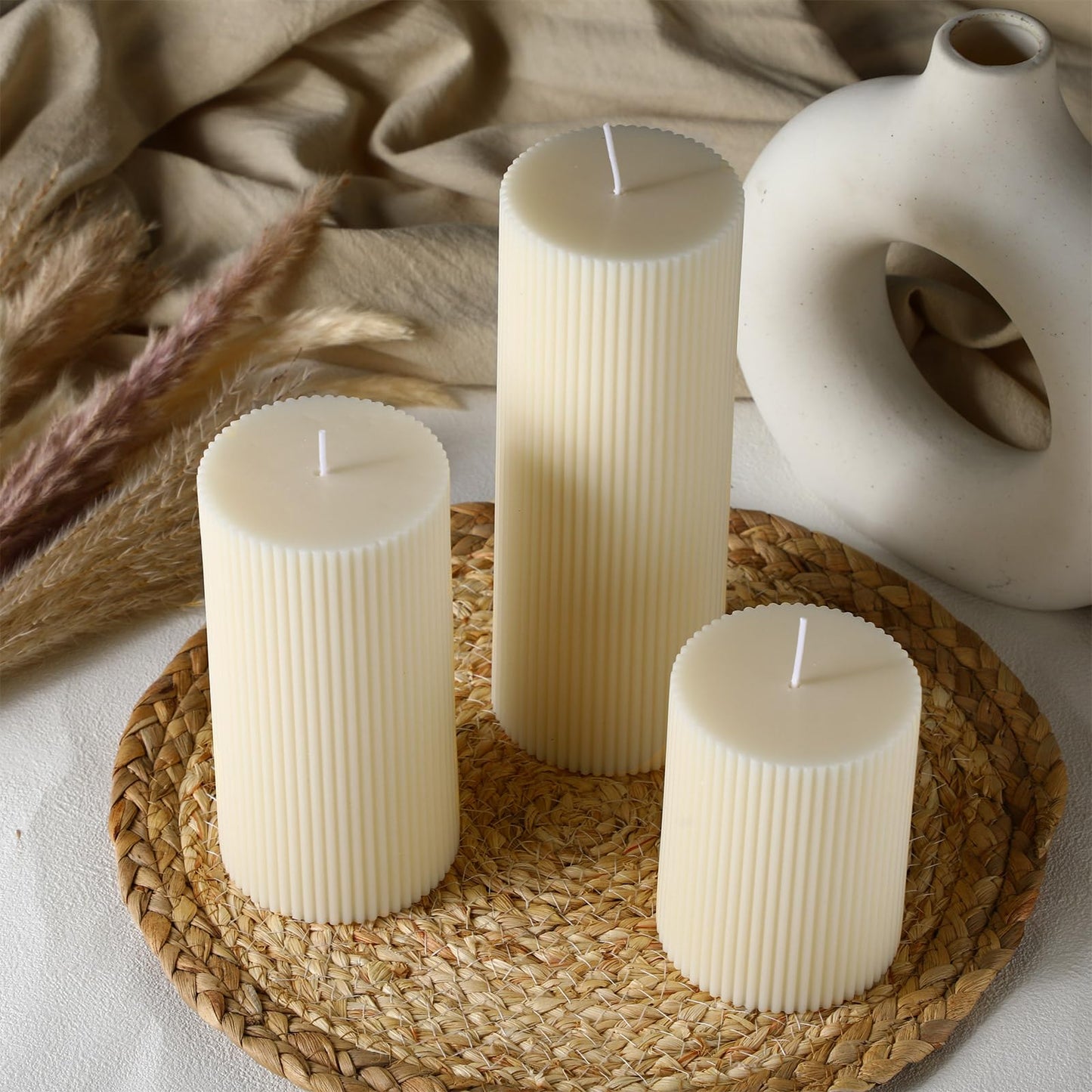 Conelist Ribbed Pillar Candles Set of 3, Width 3" High 4" 6" 8" Large Soy Wax Orchids Scented Pillar Candles Aesthetic Ribbed Modern Home Decor for Bathroom Living Room(Cream)