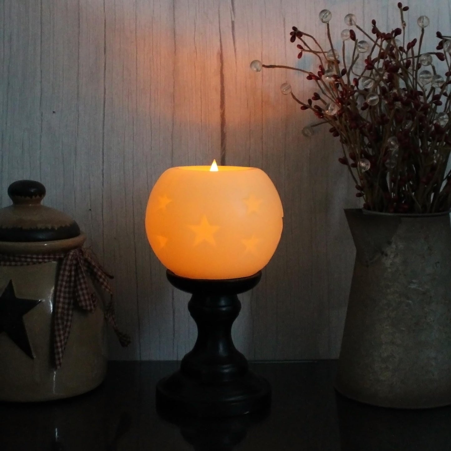 CVHOMEDECO. Moon Sphere Wax LED Dancing Flame Candle Ball Battery Operated Wax LED Flameless Candle with Timer and Remote Control (5" Dia. X 4" H)