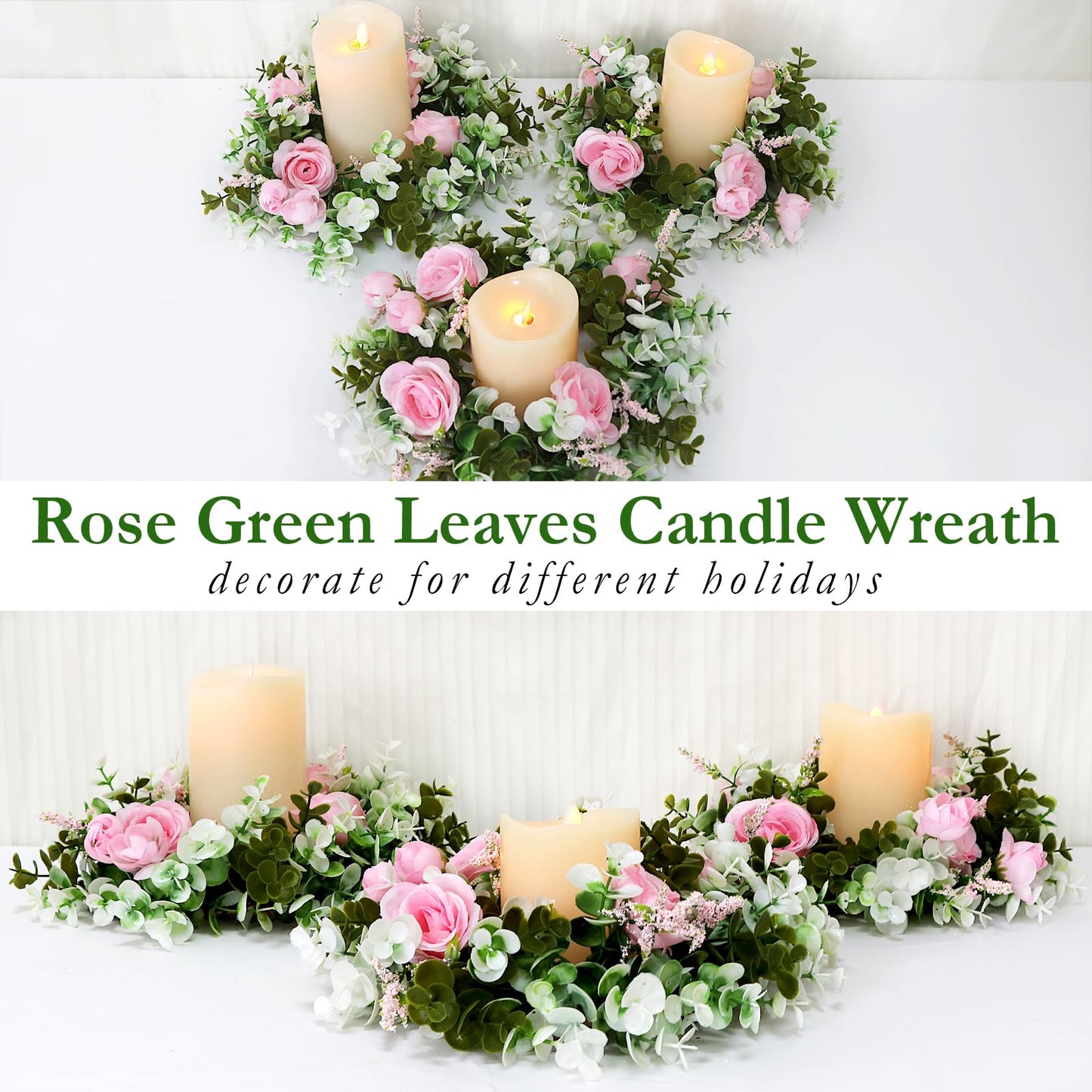 Acmee 4 Pcs Rose Candle Rings - Artificial Pink Floral Wreaths with Eucalyptus Leaves Greenery Garland for Pillar Candleholders Wedding Centerpiece Party Home Table Decor