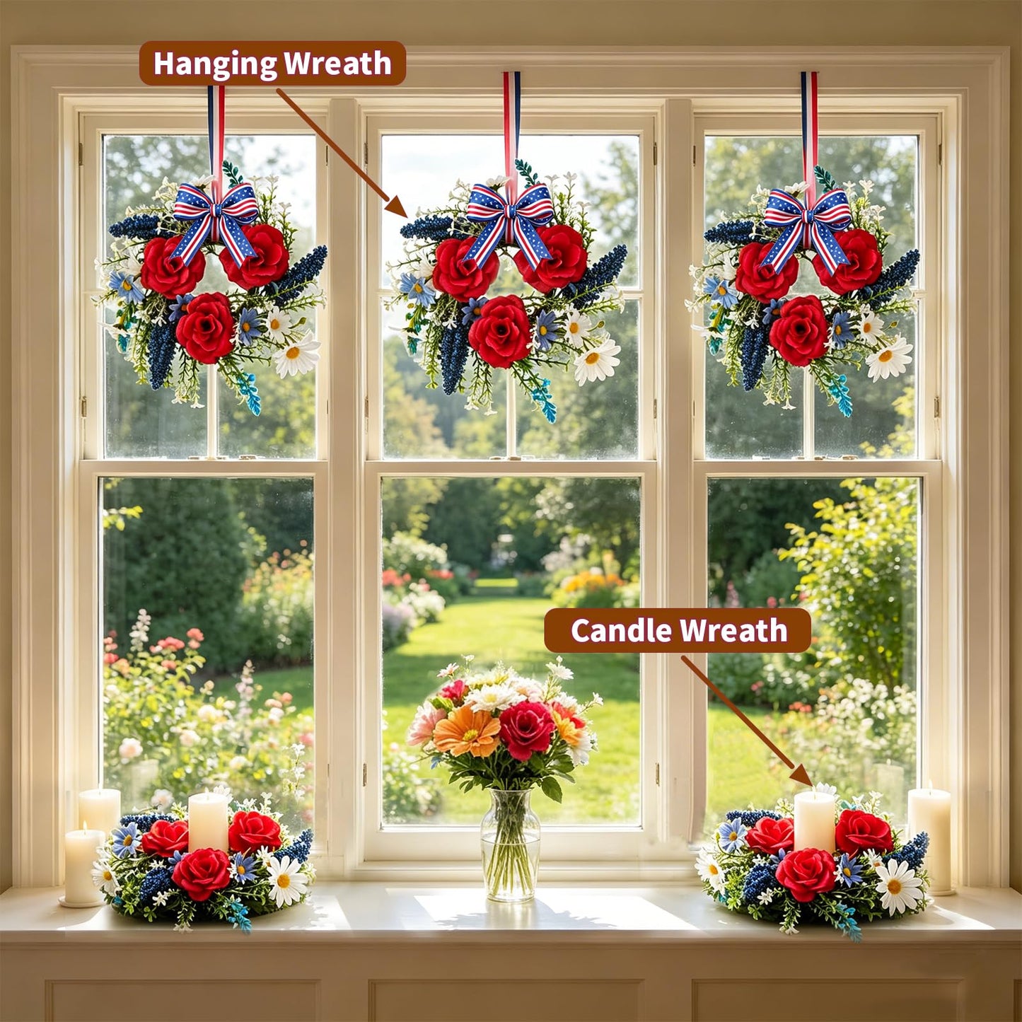 Mini 4th of July Wreath 4Pcs, 11.8 Inch Small Patriotic Wreath with Ribbon, Artificial Rose Lavender Daisy Wreath, Hanging/Tabletop/Candle Ring Decor for Home Front Door, Porch, Wall, Window, Cabinets