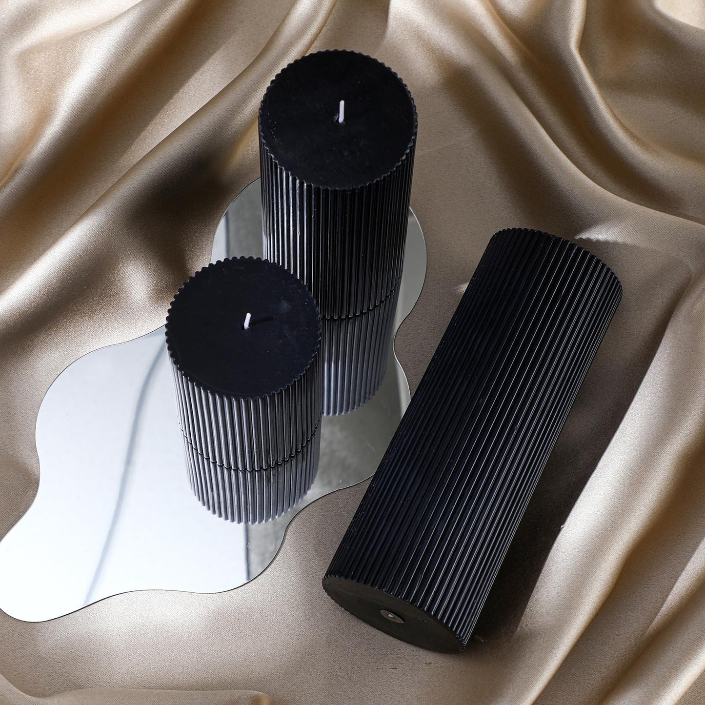 Conelist Ribbed Pillar Candles Set of 3, Width 3" High 4" 6" 8" Large Soy Wax Orchids Scented Pillar Candles Aesthetic Ribbed Modern Home Decor for Bathroom Living Room(Black)