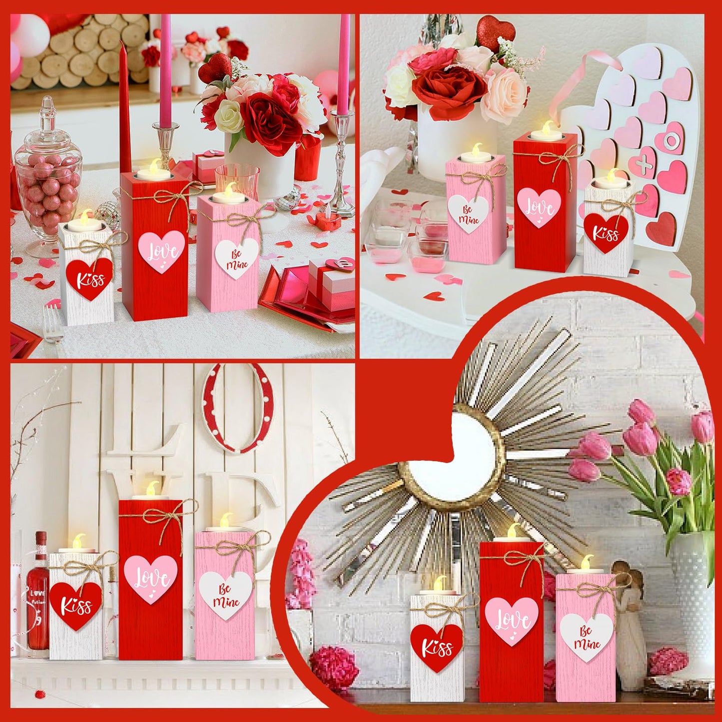 CRCZK Valentine's Day Votive Candle Holders Set of 3 Wooden Tea Light Holders with Battery Operated LED Ideal for Tabletop Decorations & Centerpieces Romantic Elegant Design for Festive Ambiance