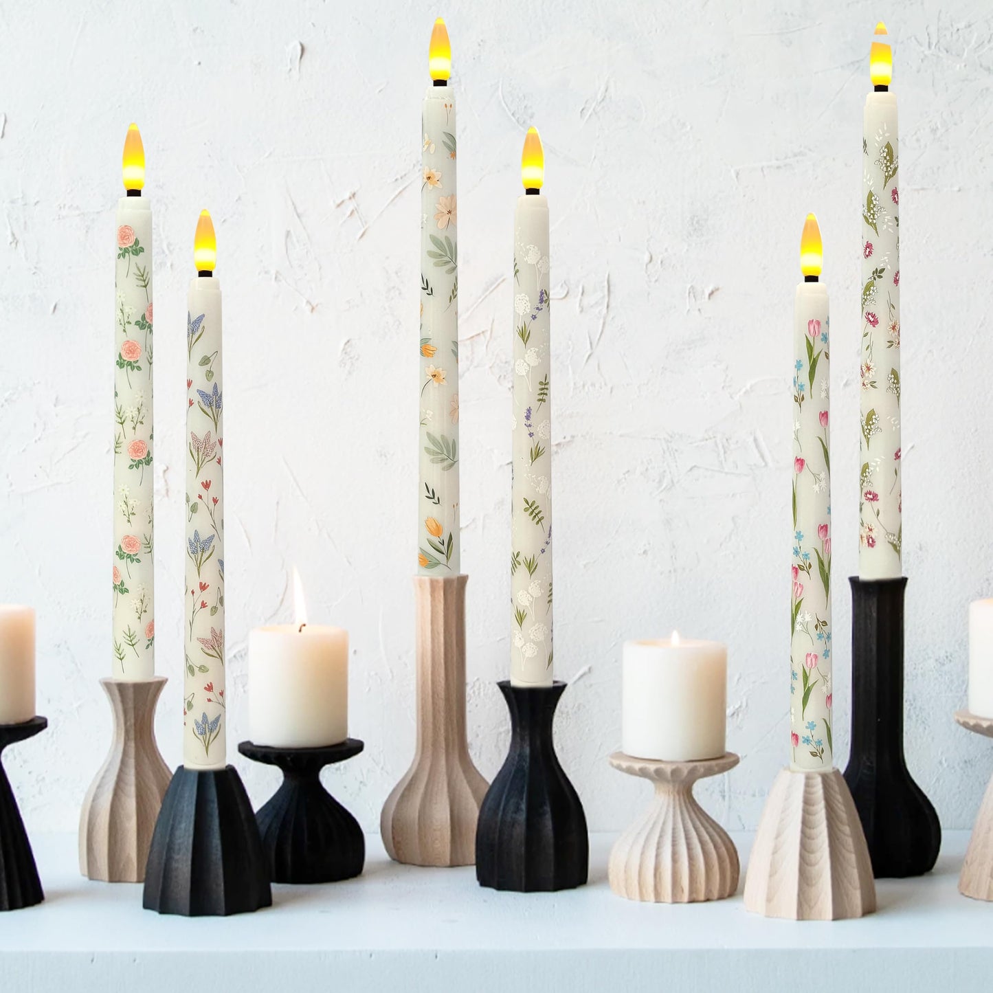FCMSHAMD 6PCS Floral Flameless Taper Candles, 11 Inch LED Candlesticks Battery Operated with 11-Key Remote and Timer, 3D Flickering Flame Lights for Wedding Party Home Decor Gifts