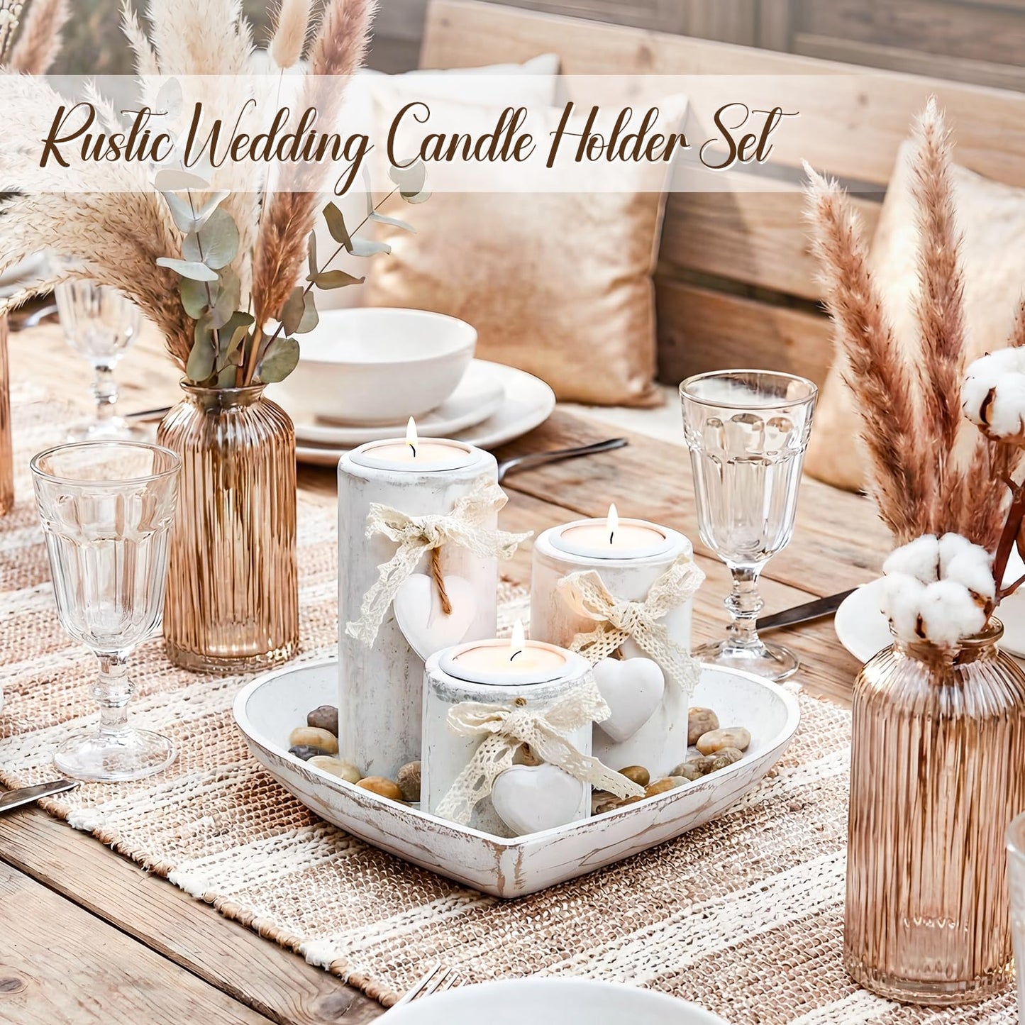 Teeloray Farmhouse Candle Holders 3 Pack Rustic Wooden Pillar Candle Holder with Heart Tray and Stones Tealight Candles Holders Centerpiece for Wedding Coffee Table Mothers Day Valentines Home Decor