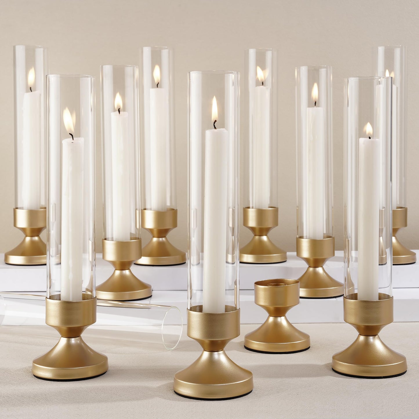 Hurricane Glass Candle Holders, Set of 10 Metal Taper Candlesrick Holders for Centerpieces Tall Gold Candle Stands Bulk with Glass Cylinder for Wedding Birthday Party Table Decor