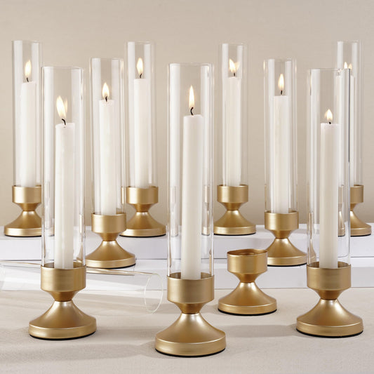 Hurricane Glass Candle Holders, Set of 10 Metal Taper Candlesrick Holders for Centerpieces Tall Gold Candle Stands Bulk with Glass Cylinder for Wedding Birthday Party Table Decor