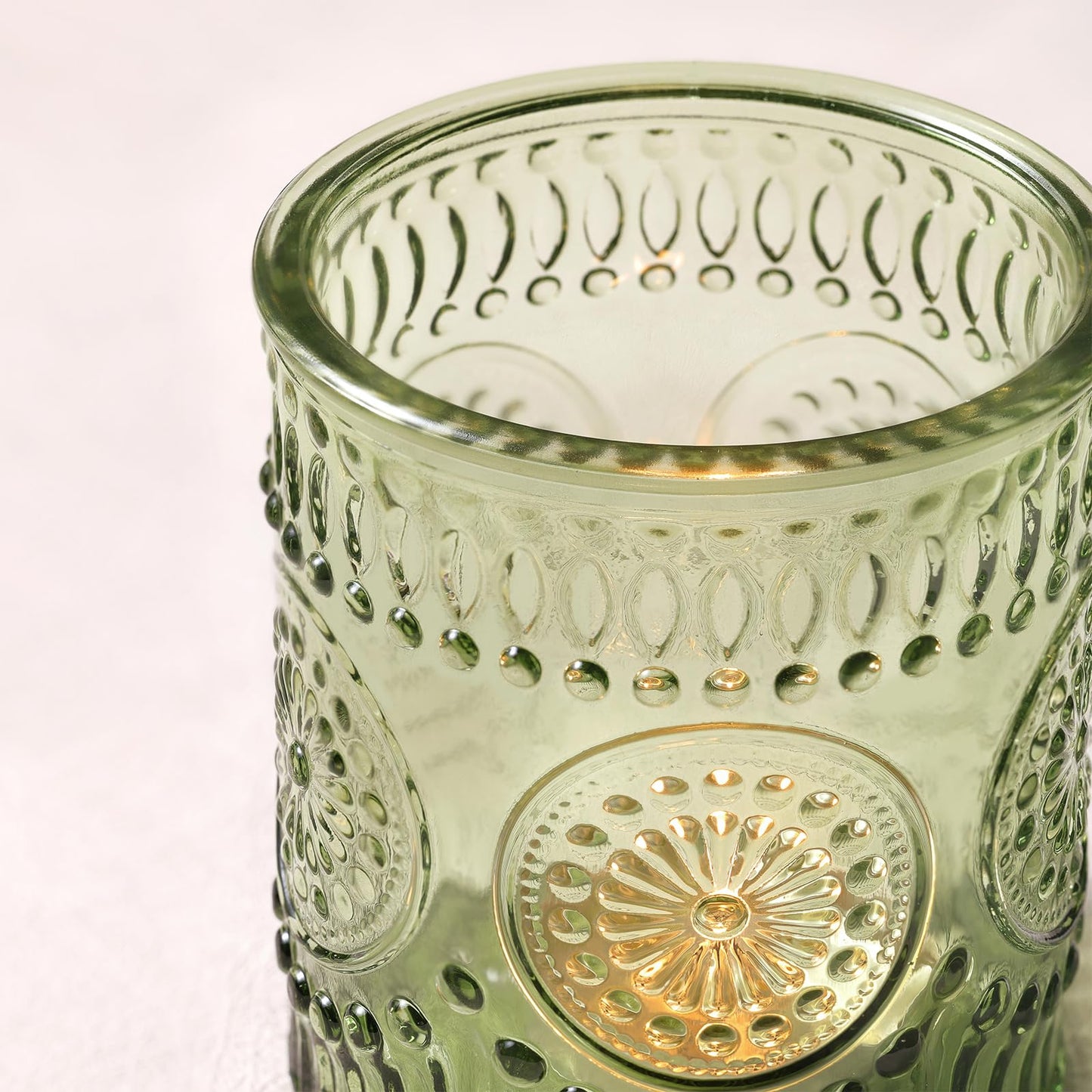 DEVI 8oz Empty Green Embossed Glass Candle Jars for Making Candles Set of 8, Bulk Empty Candle Containers, Glass Tins Making Supplies for Gifts, Wedding Decorations