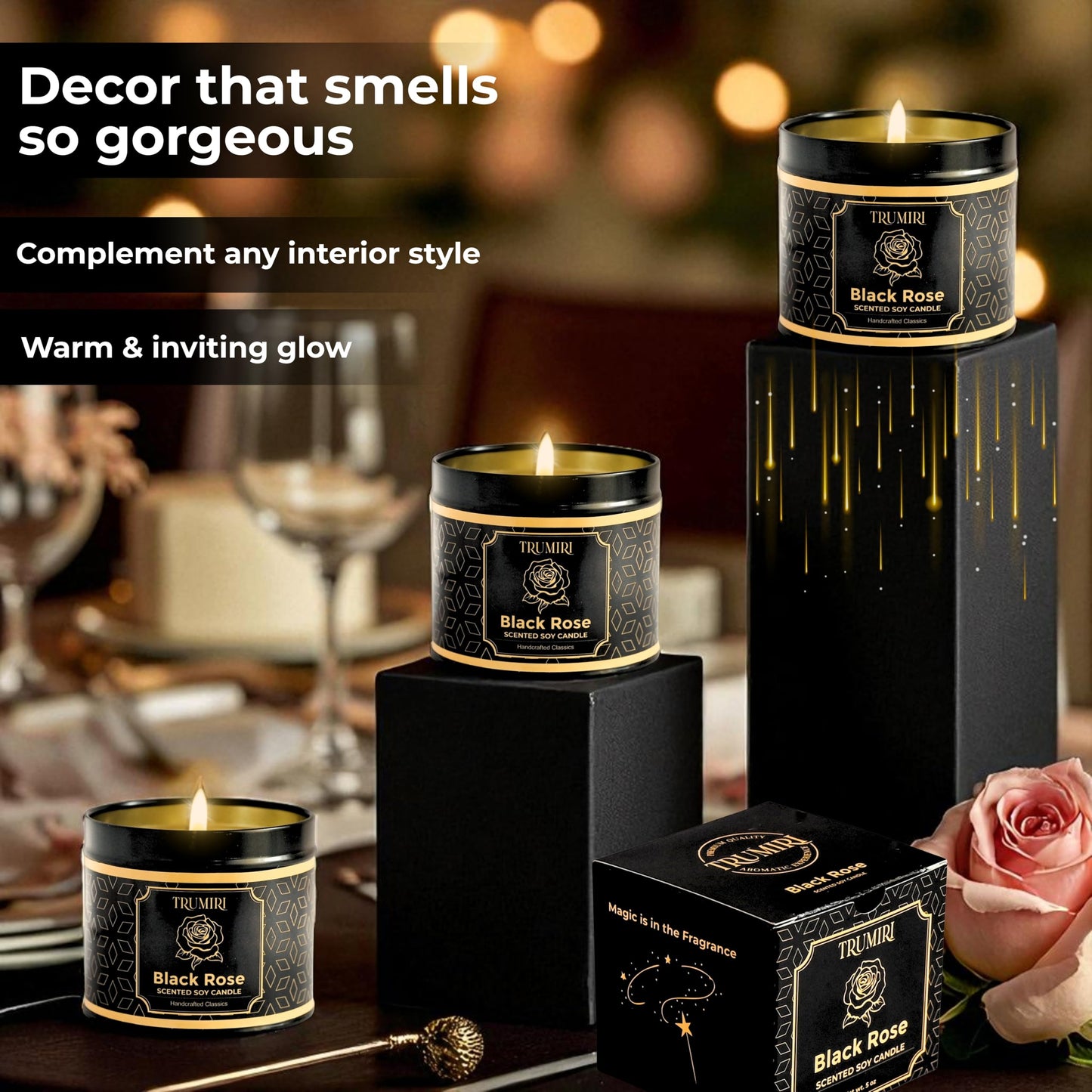 Black Rose Candle Strong Scented Soy Candel Clean Non Toxic Velas Aromáticas Gift for Women 5Oz Decorative Tin Jars with Lids Pack of 3